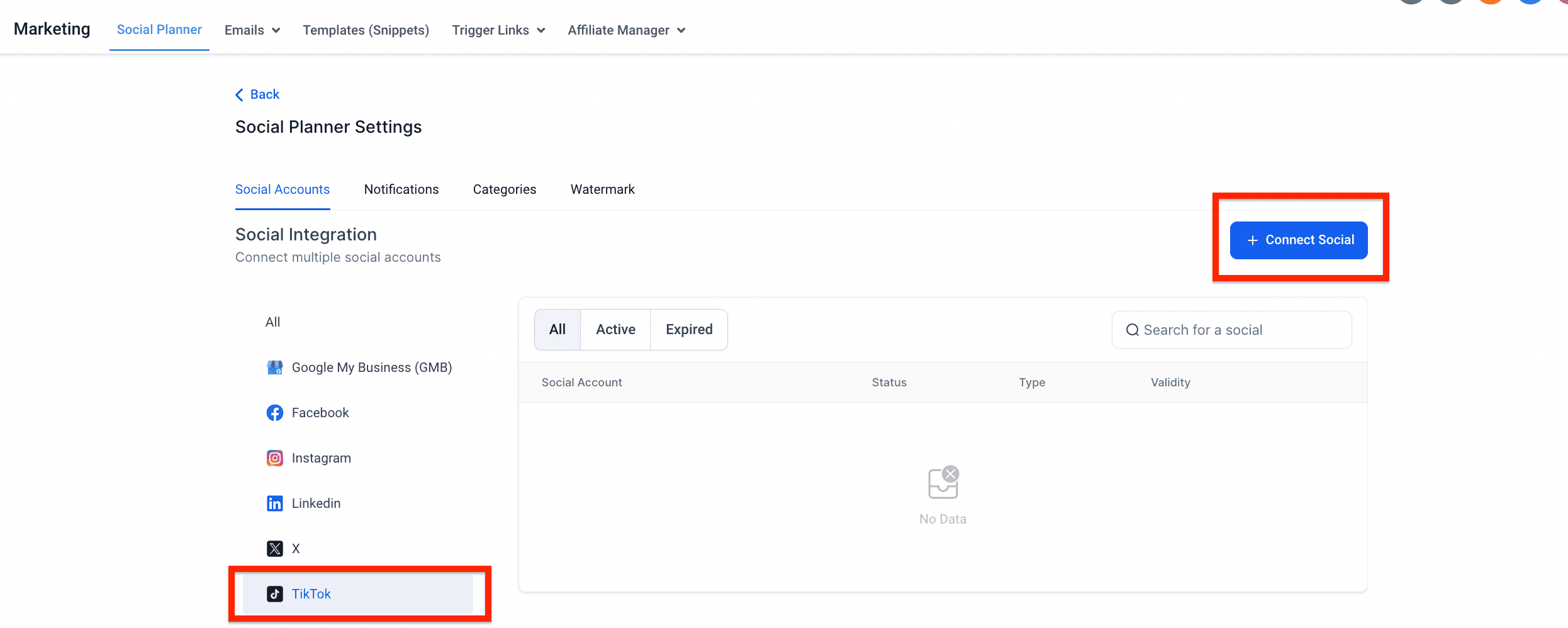 Schermata 6 — Collegare TikTok nel Social Planner