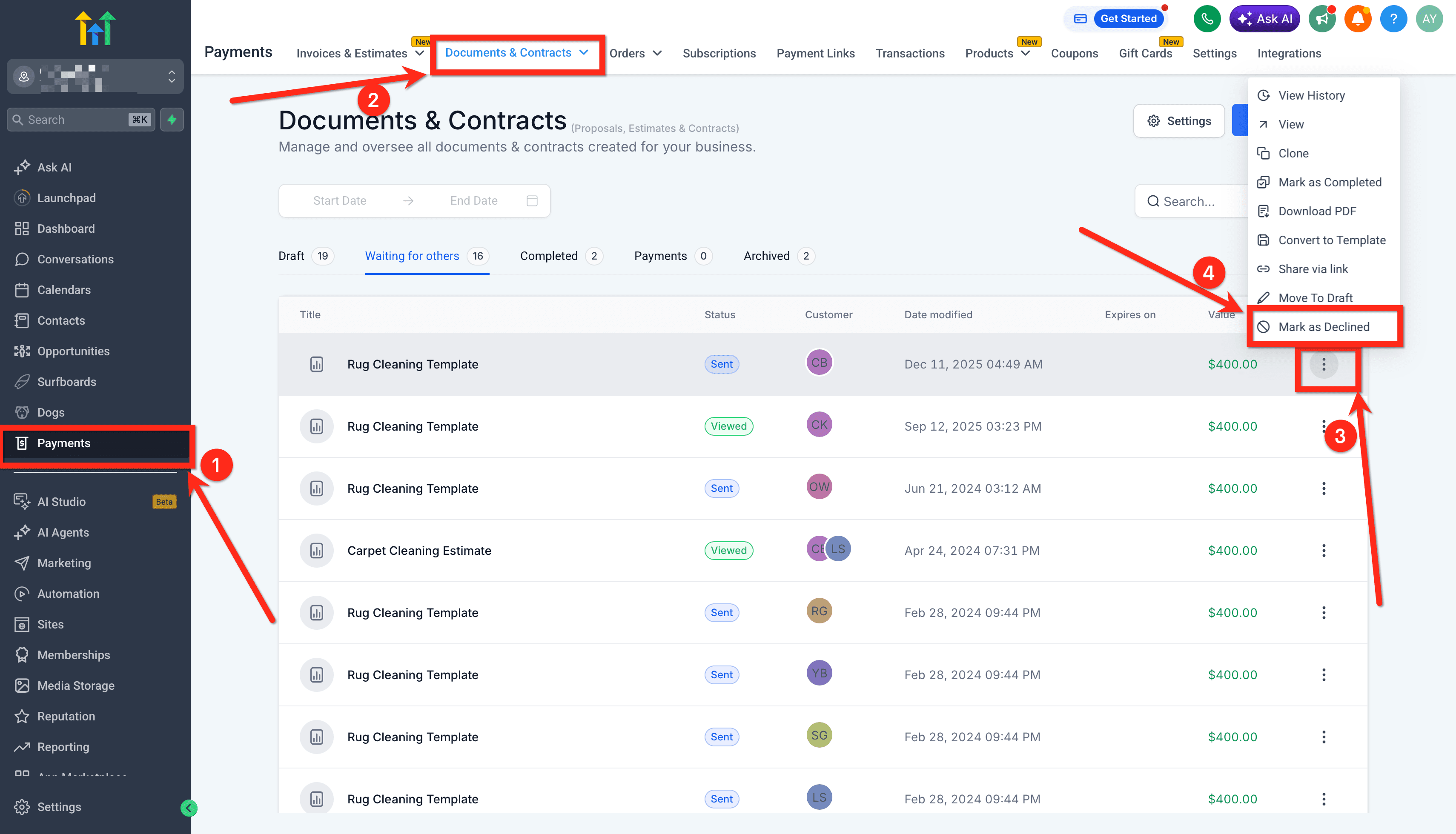 Schermata 1 — Come rifiutare documenti in HITLEAD