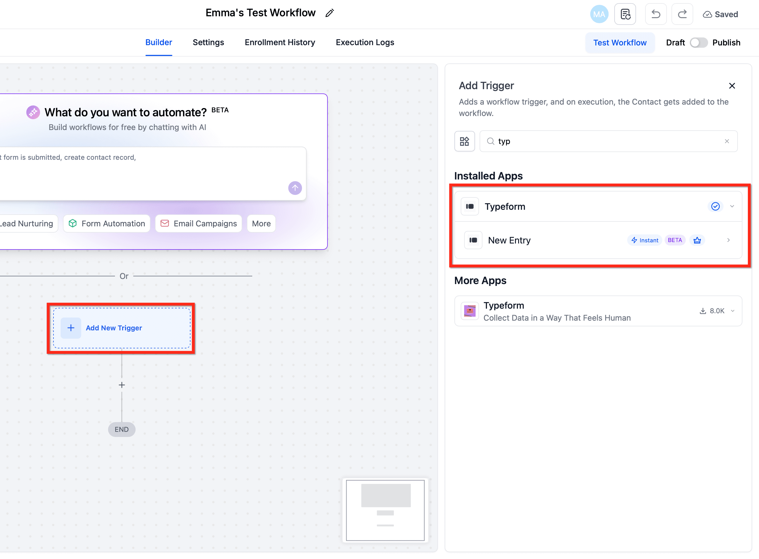 Schermata 5 — Typeform – Azioni e Trigger nei Workflow