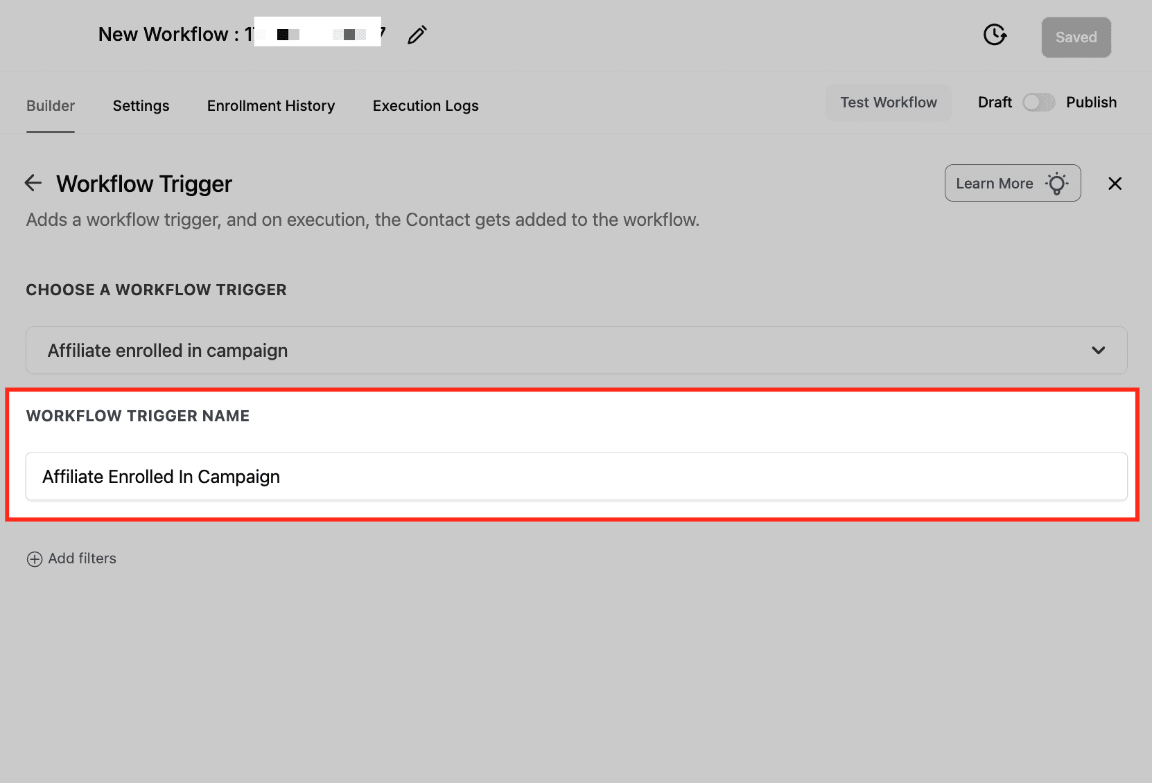 Schermata 3 — Workflow Trigger - Iscrizione Affiliato a Campaign