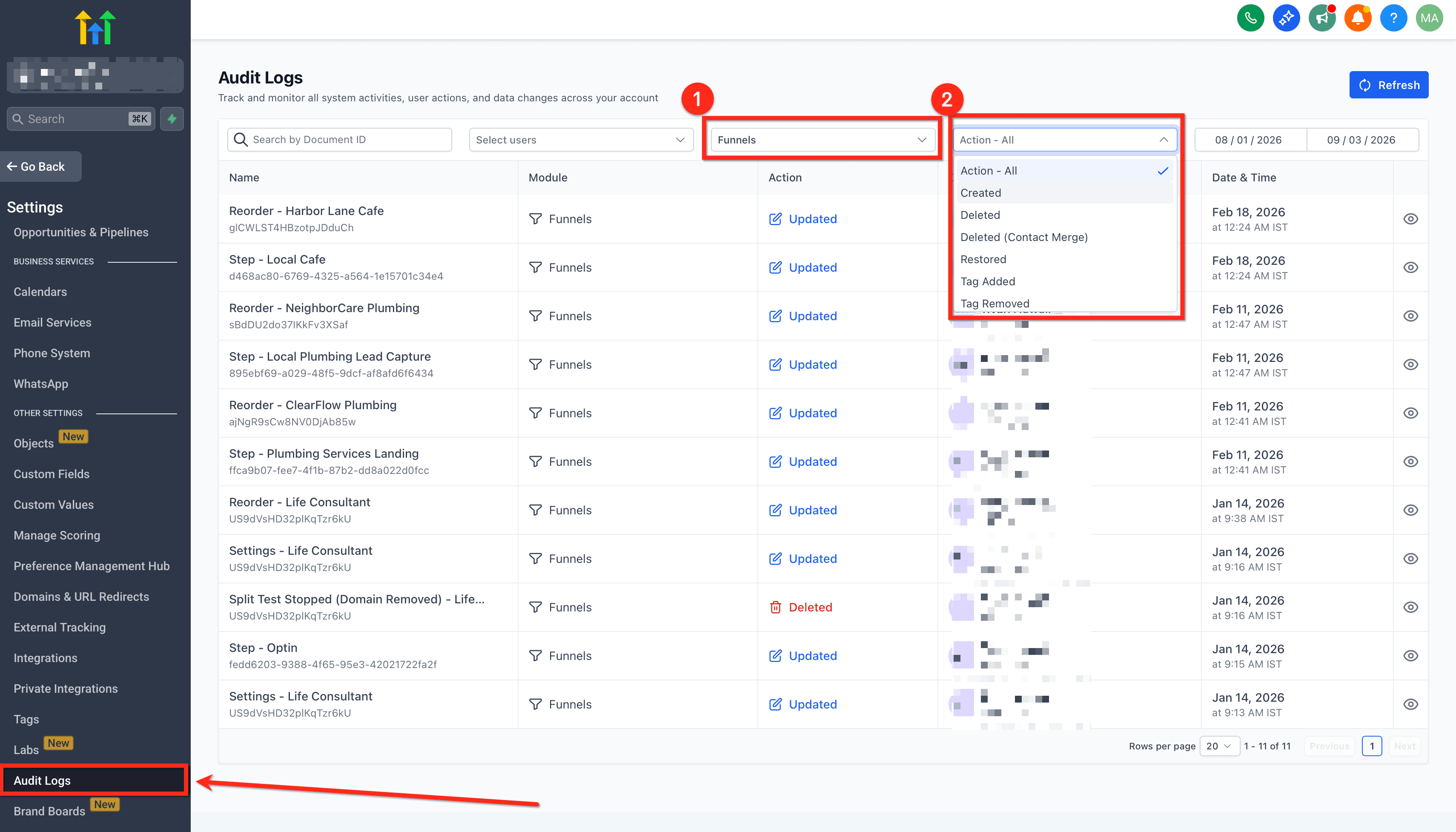 Schermata 2 — Audit Log in Funnel, Siti Web, Webinar e Store