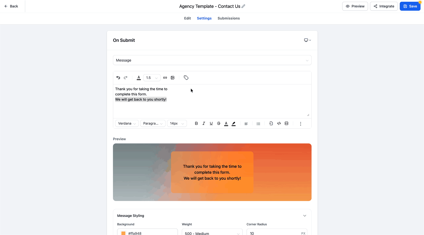 Schermata 3 — Form, Survey e Quiz - Personalizzazione del Messaggio di Invio
