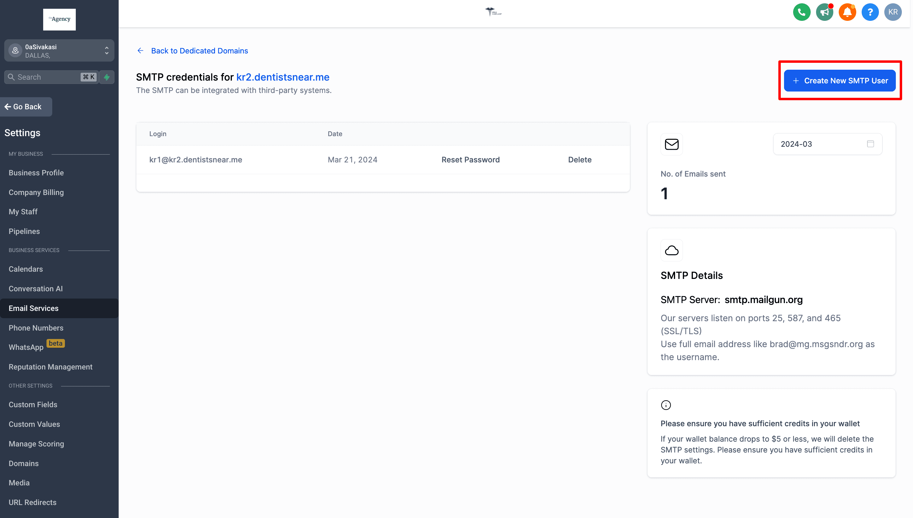 Pulsante e form Create New SMTP User