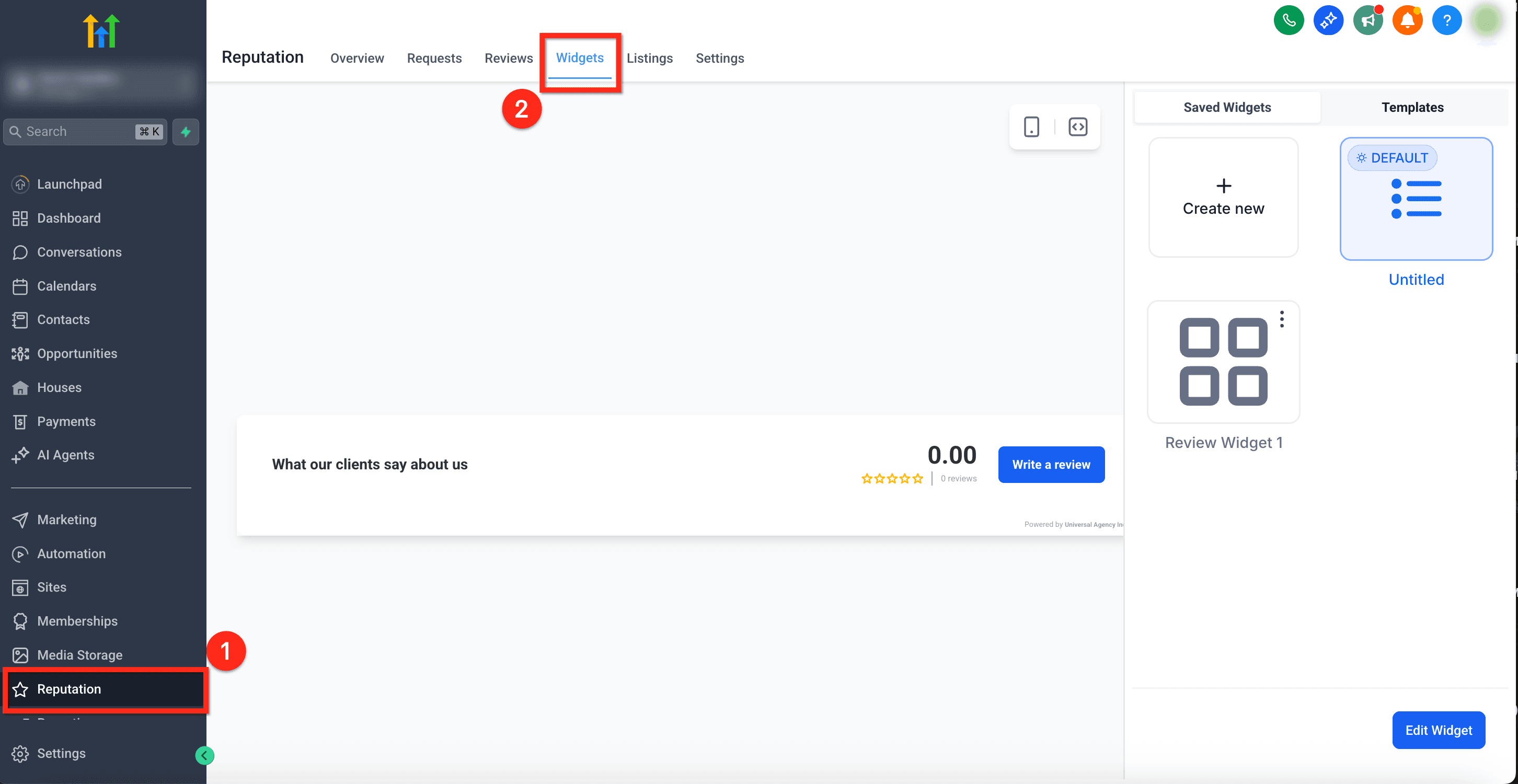 Schermata 1 — Personalizzare i Widget Recensioni nella Reputazione