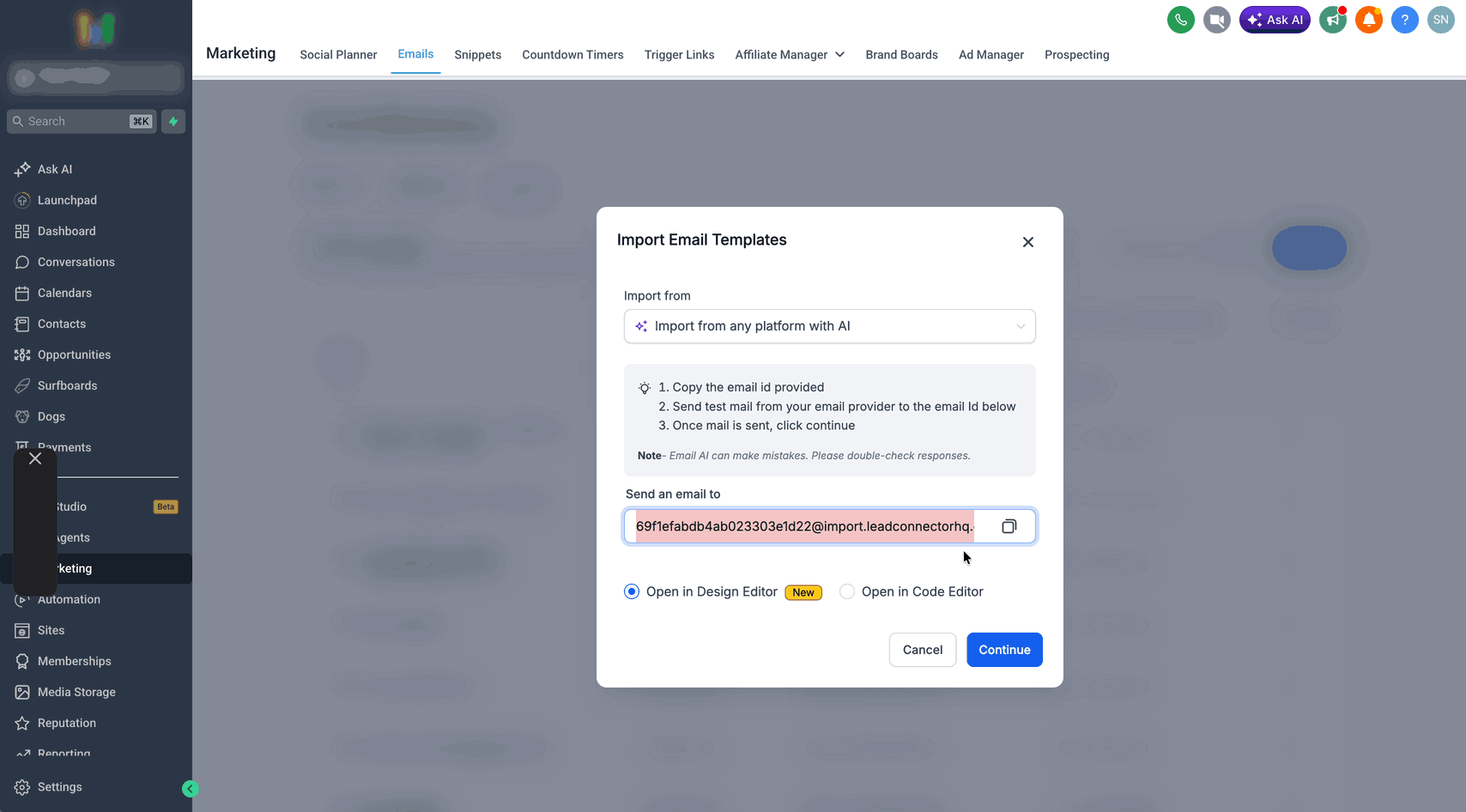 Schermata 5 — Come importare email da qualsiasi piattaforma con Email AI