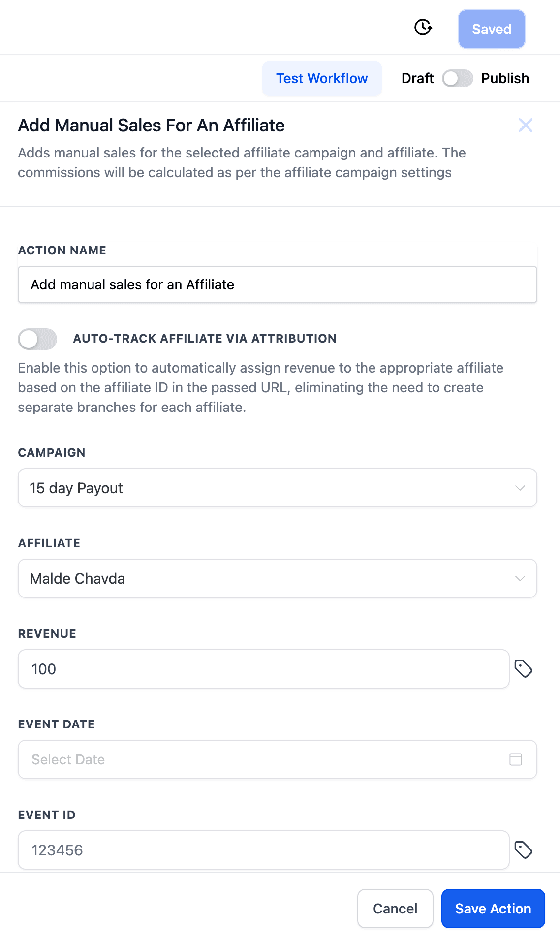 Schermata 3 — Automatizzare le commissioni affiliate con l'azione Workflow 'Add Manual Sales For An Affiliate'