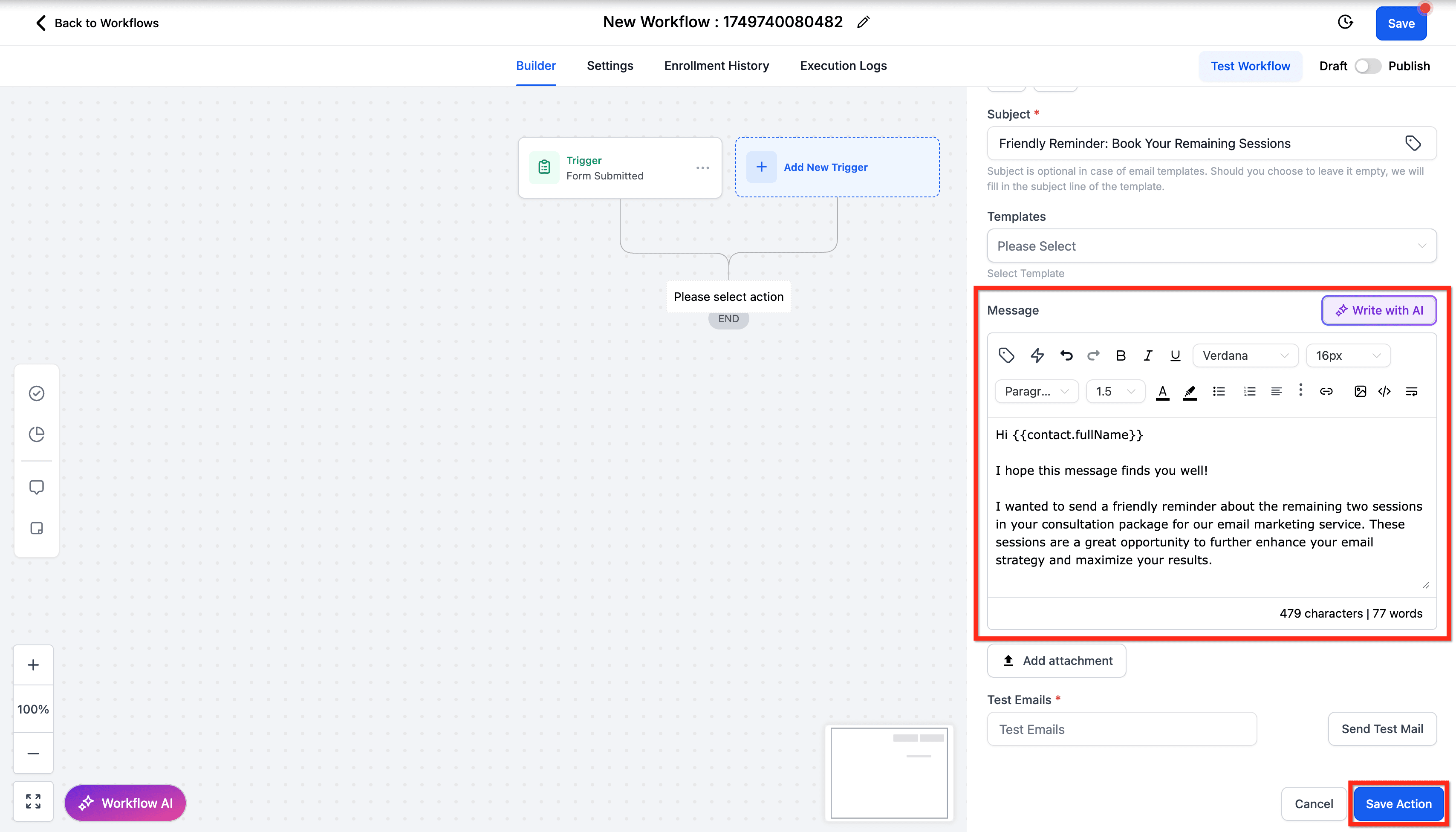 Schermata 6 — Generazione Email con AI nell'Azione Workflow