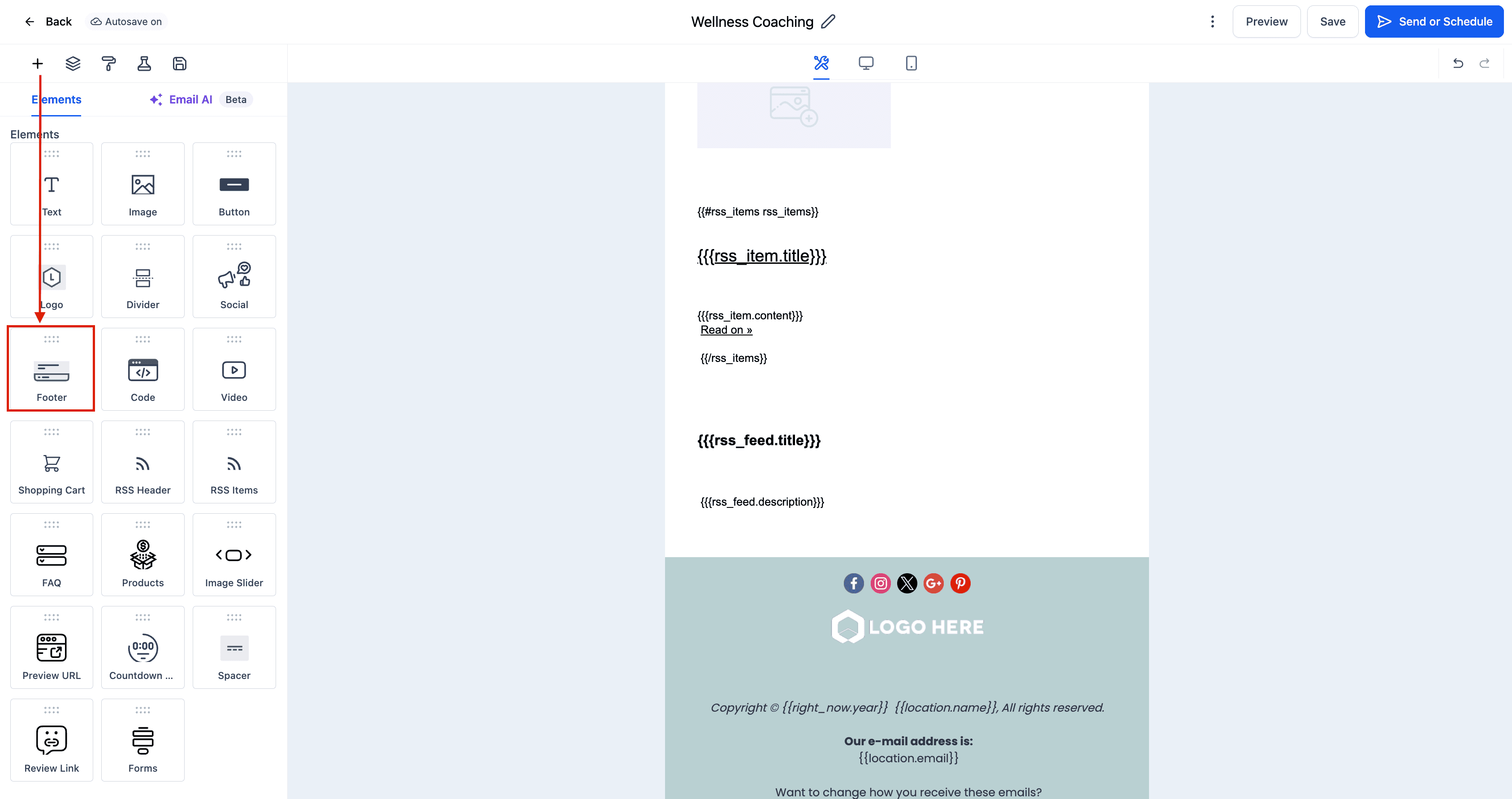 Schermata 3 — Elemento Footer nell'Email Builder