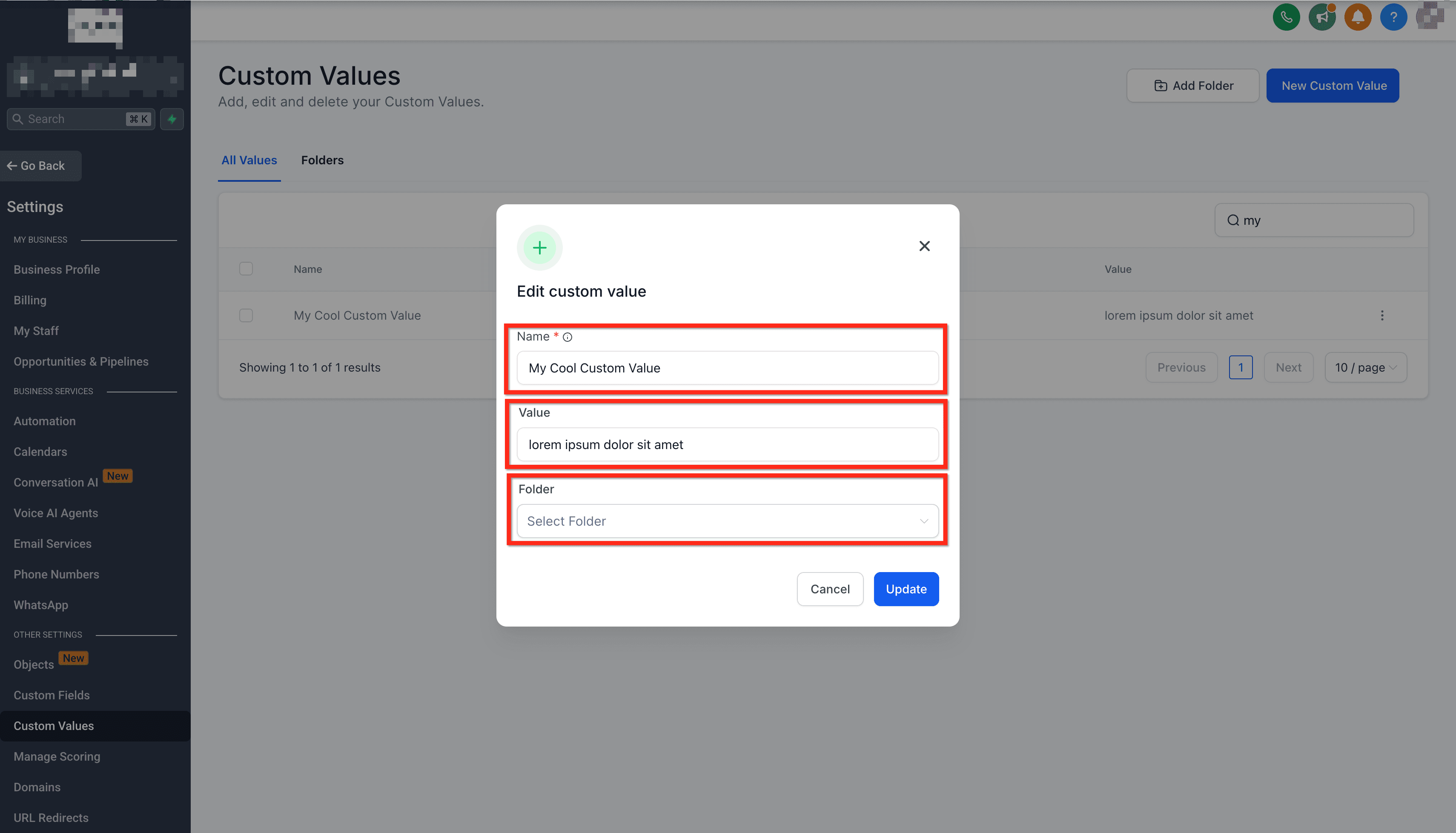 Schermata 15 — Impostazioni Custom Values