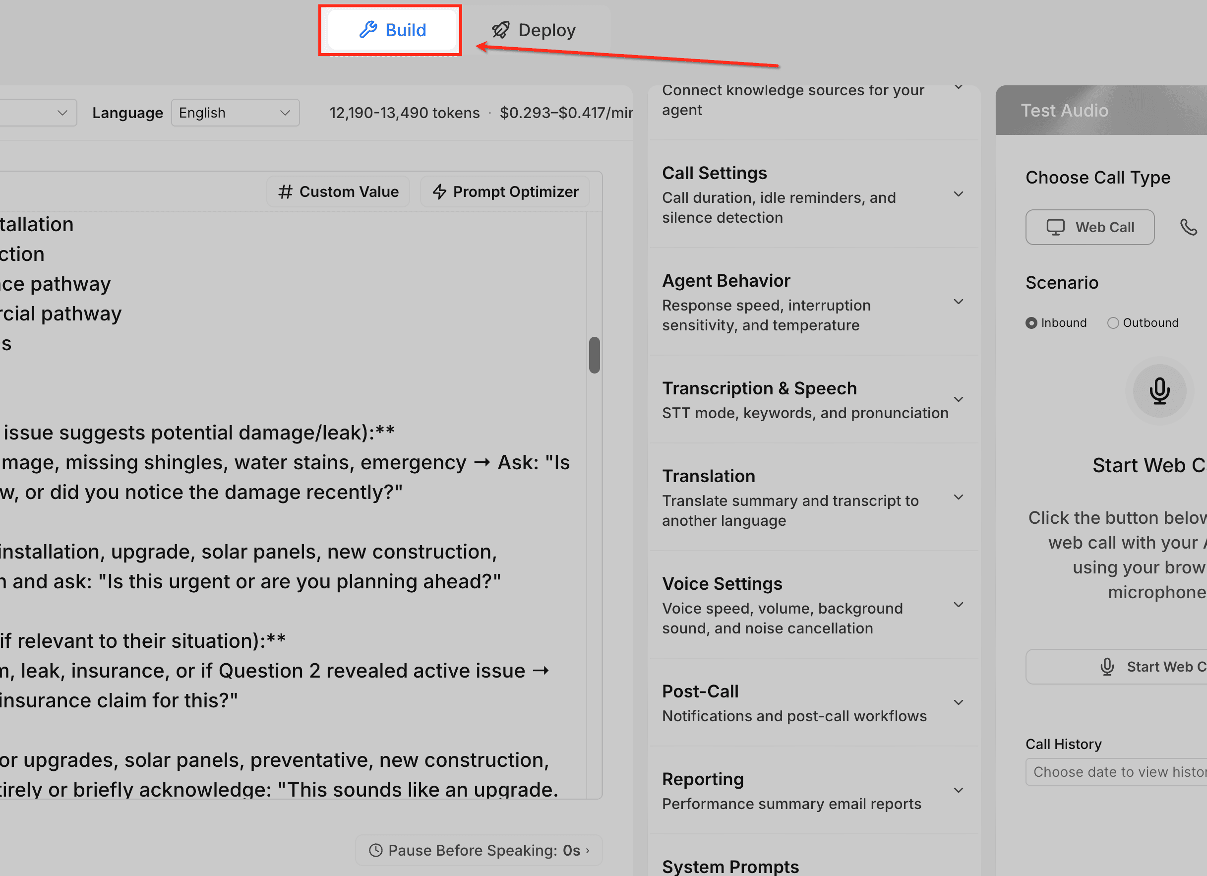 Schermata 3 — Come usare i Custom Values nei prompt degli agenti Voice AI