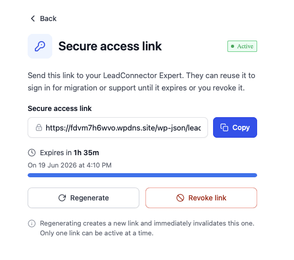 Schermata del link di accesso sicuro attivo