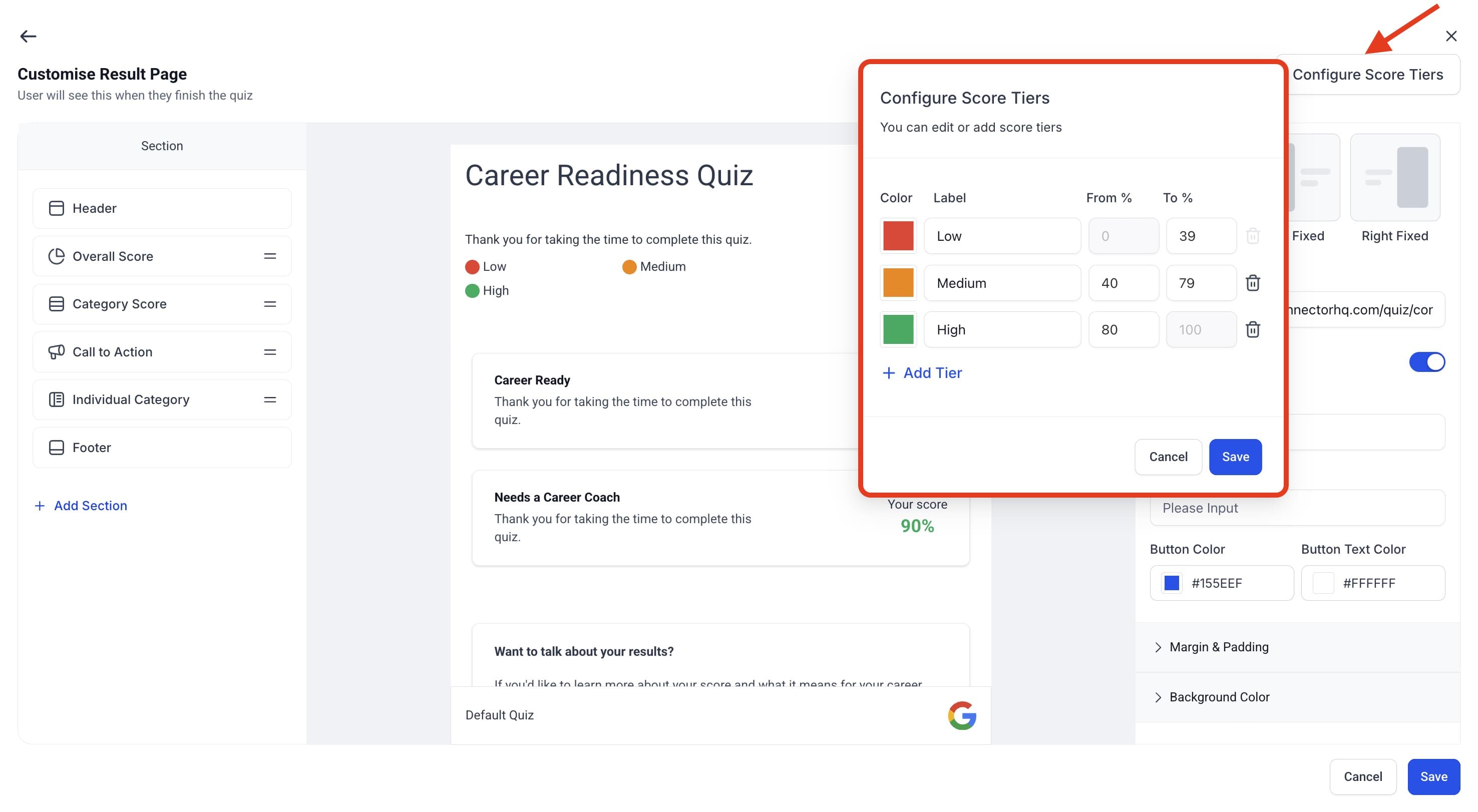 Schermata 8 — Personalizzare le pagine dei risultati del Quiz