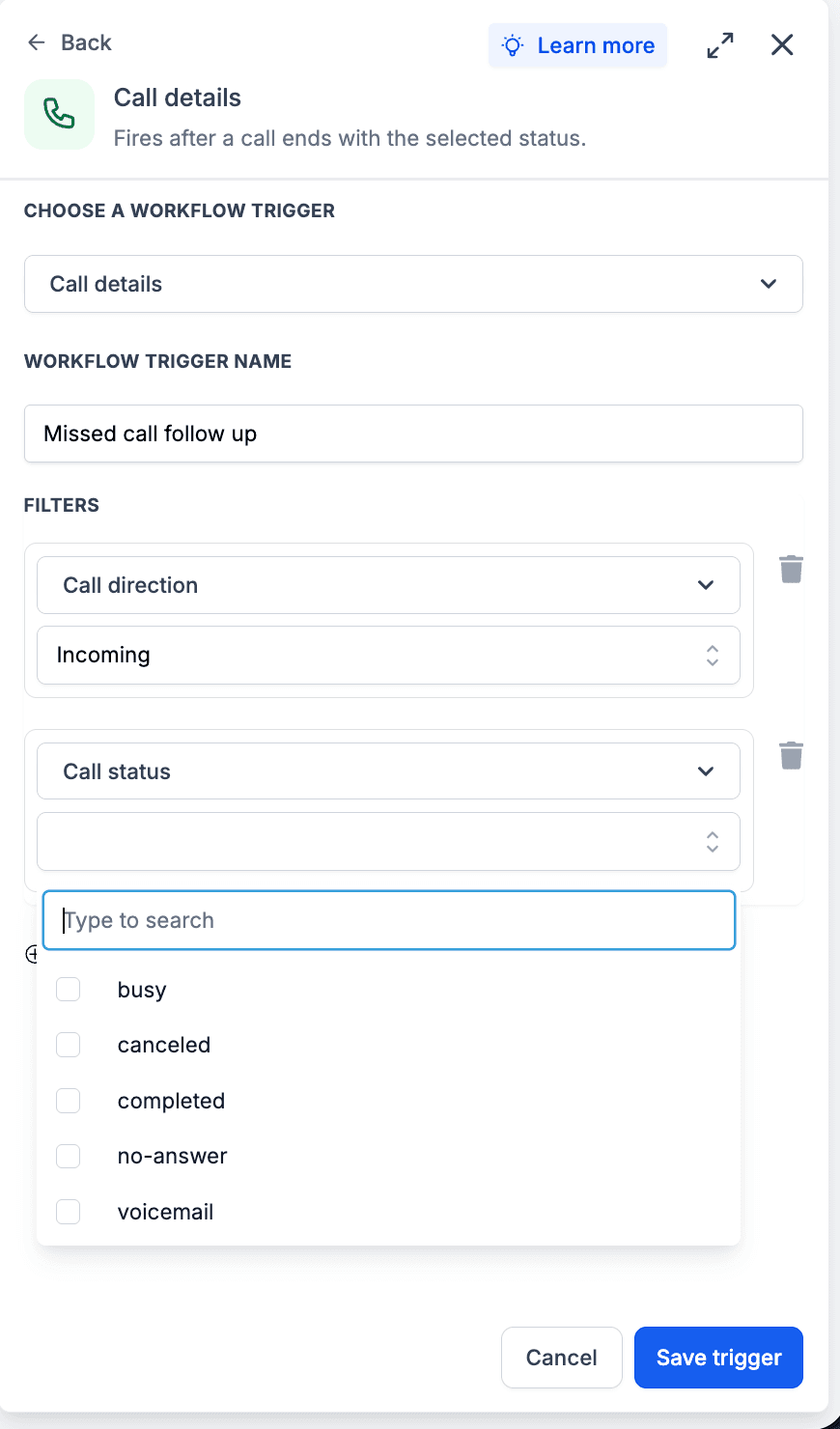 Schermata 5 — Workflow Trigger - Dettagli chiamata