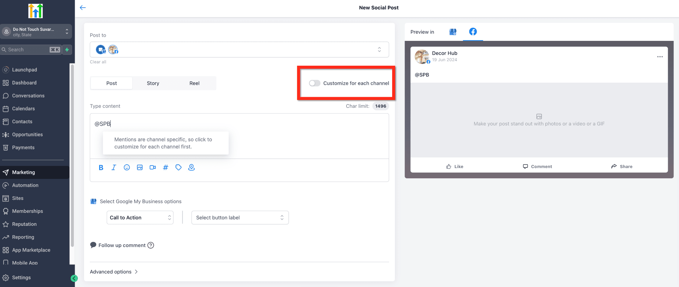 Schermata 3 — @Mention o Tag Profilo nei Post dal Social Planner