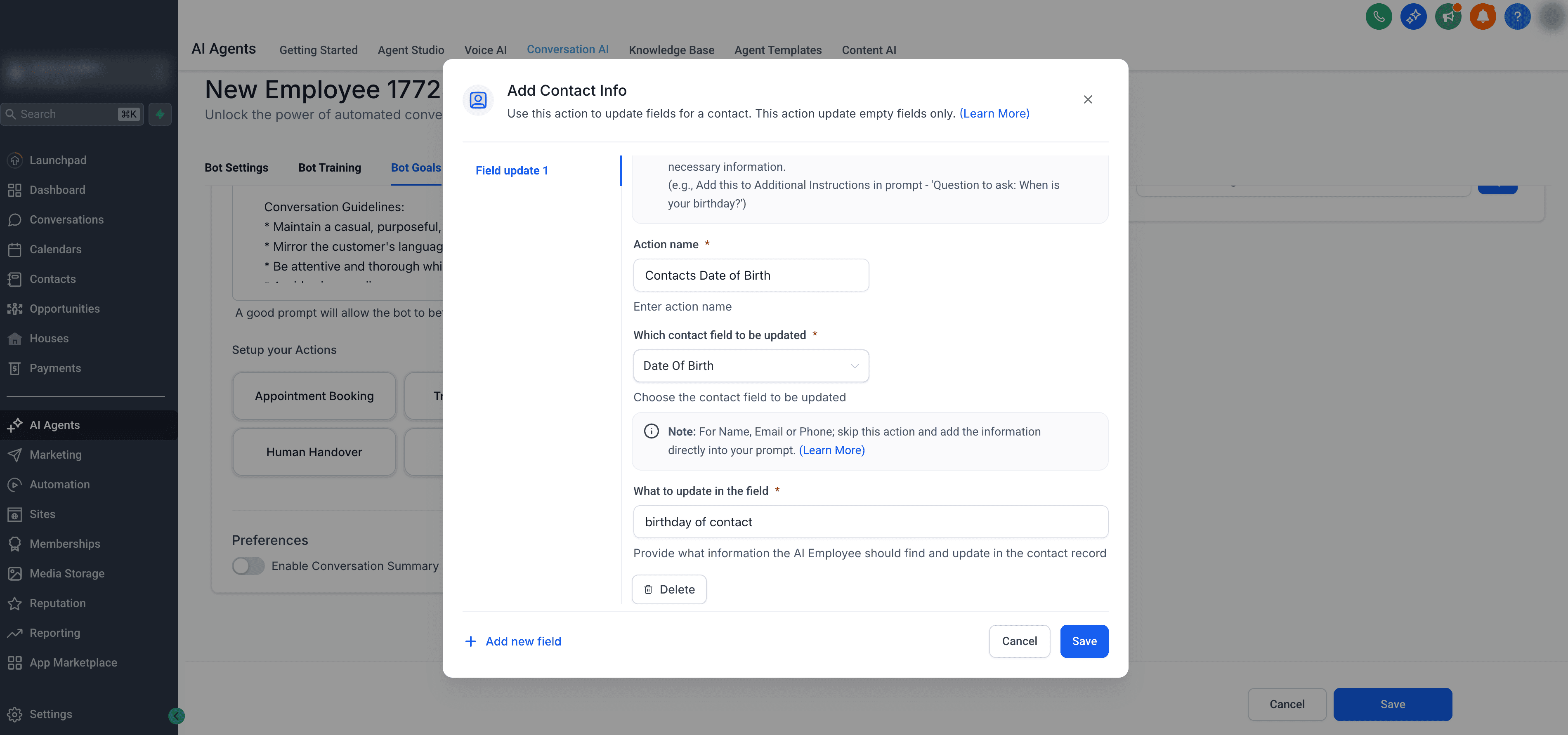Schermata 4 — Come usare l'azione Add Contact Info in Conversation AI