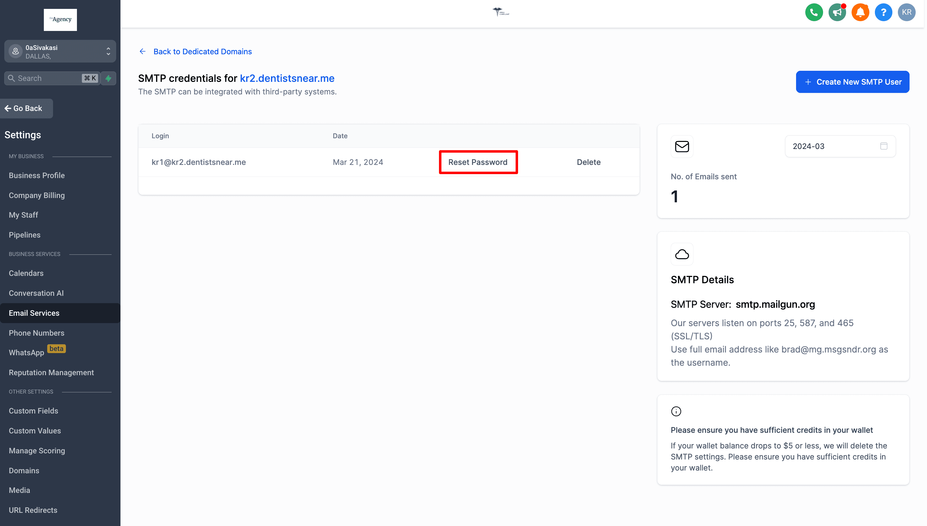 Pulsante Reset Password nel modal della credenziale SMTP