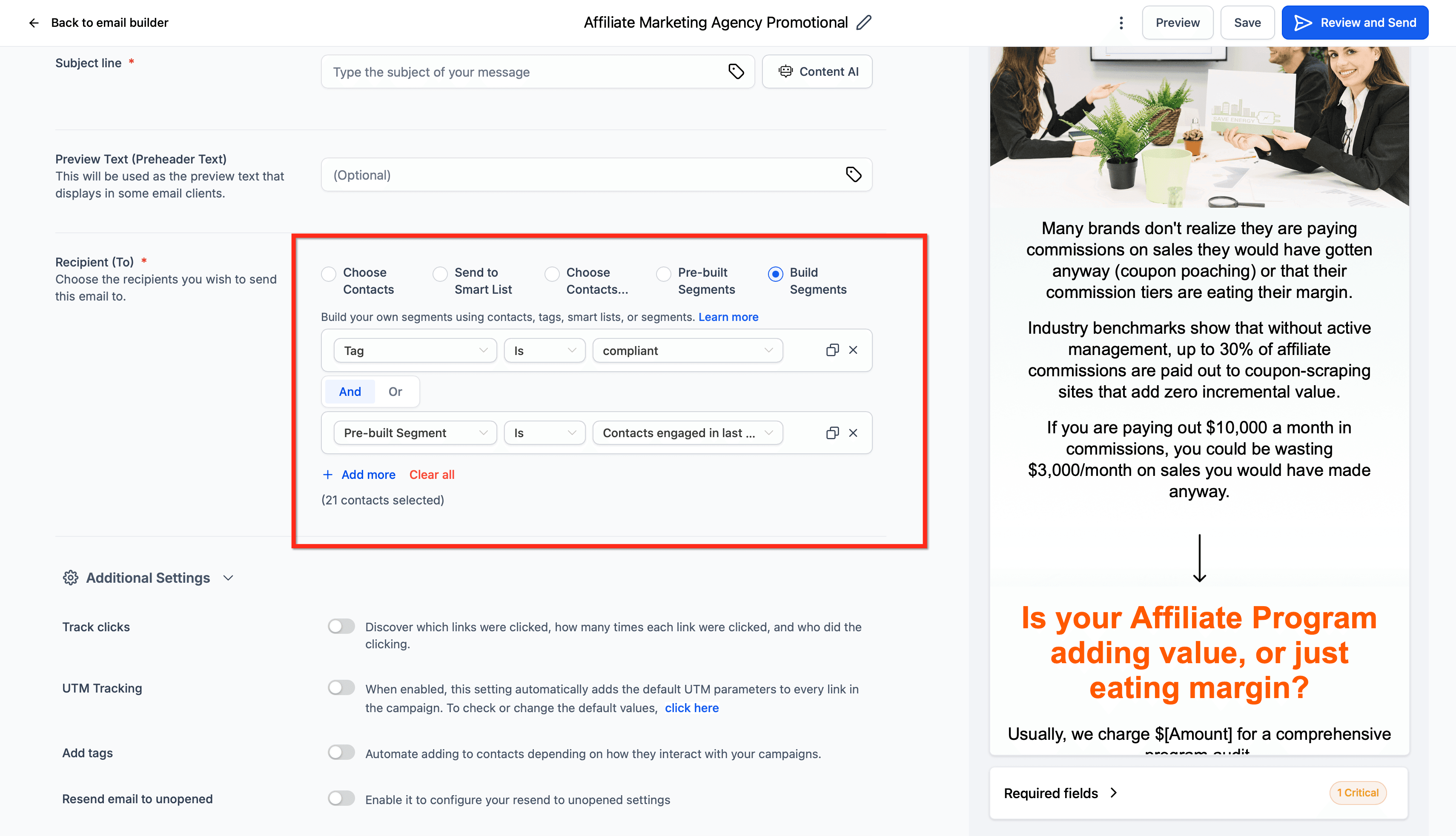 Schermata 3 — Come creare Segmenti di destinatari nelle Campaign email