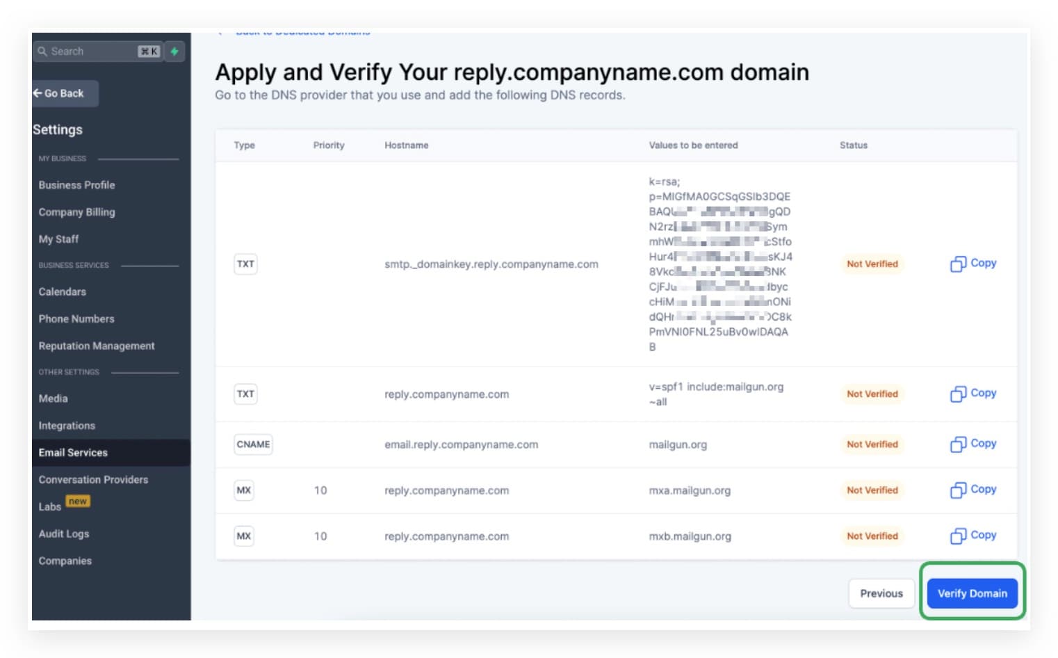 Pulsante Verify DNS Settings nella piattaforma
