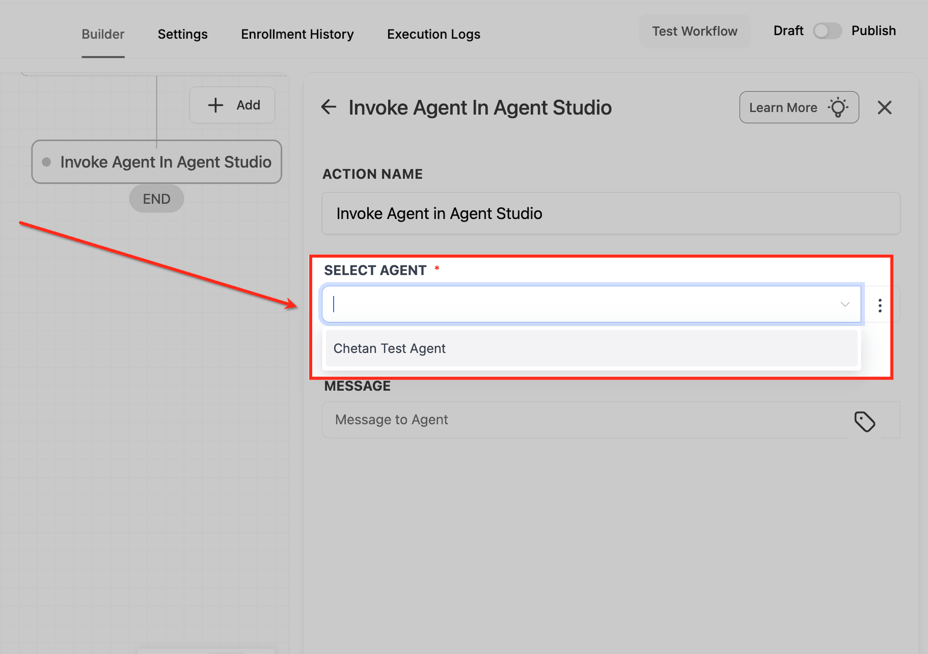 Schermata 7 — Workflow Action - Richiama un Agente di Agent Studio