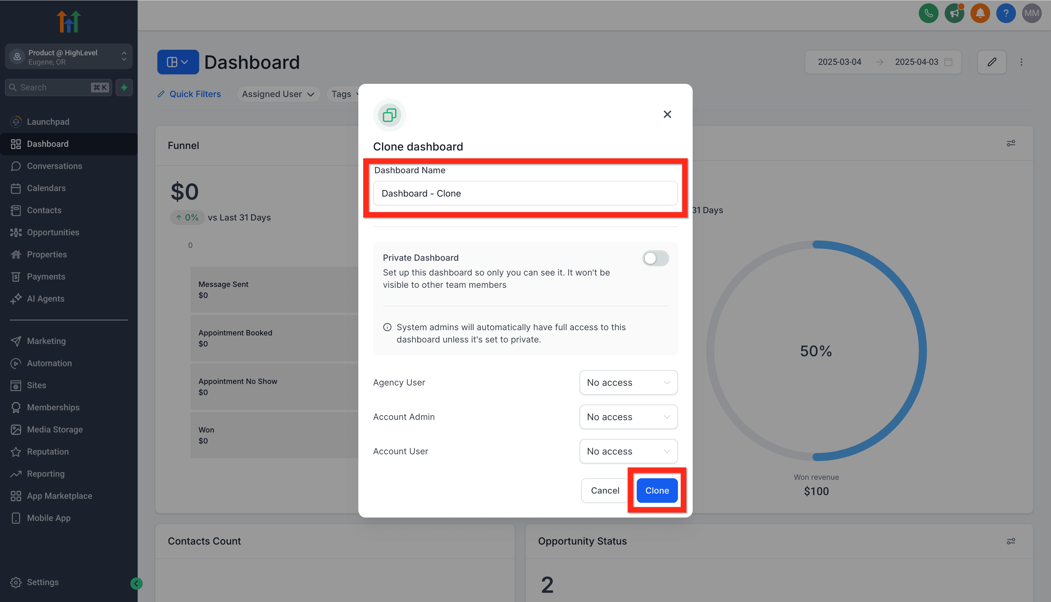 Schermata 3 — Come clonare una Dashboard di un Subaccount