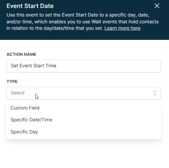 Schermata 2 — Azione Workflow - Imposta Data di Inizio Evento