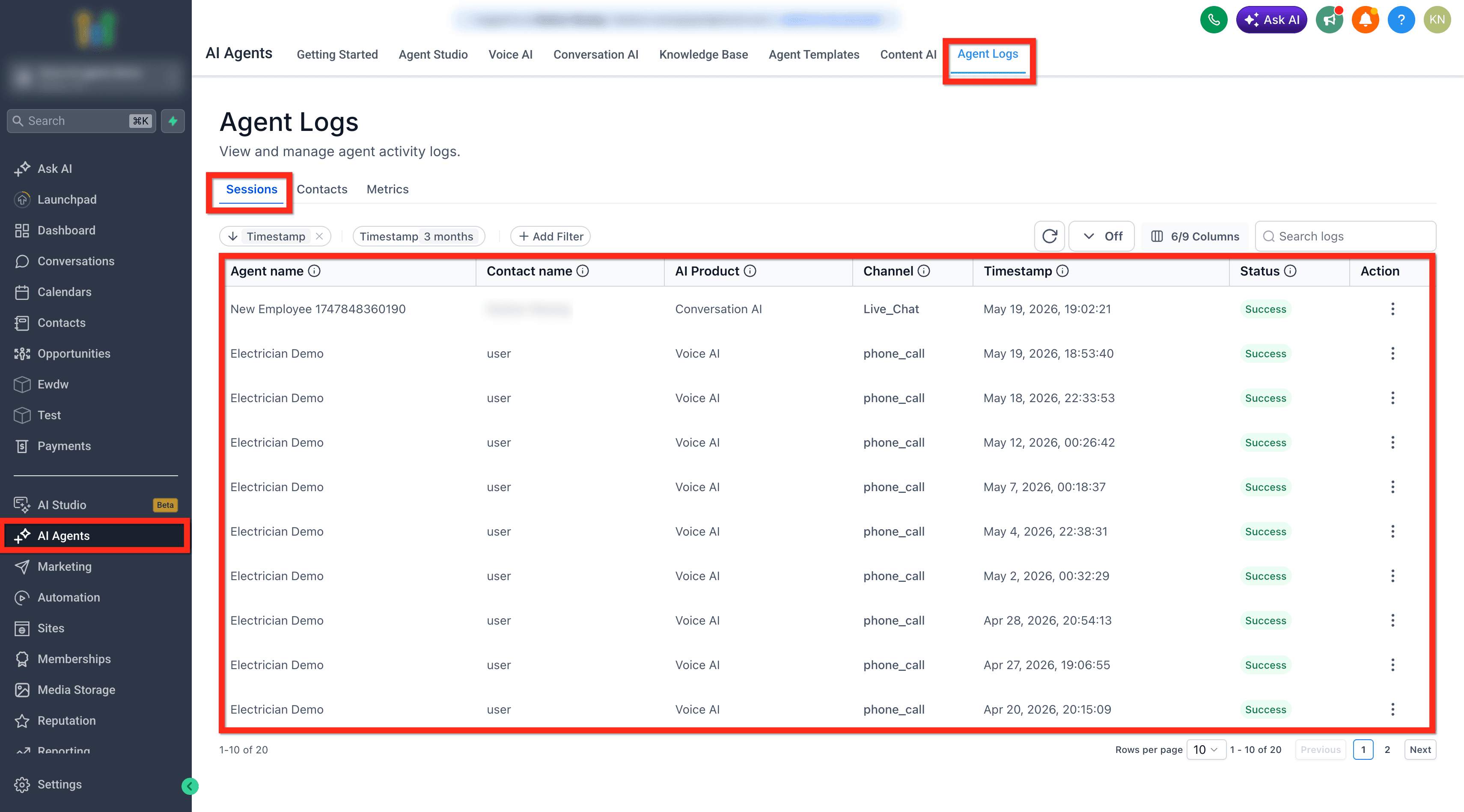 Schermata 8 — Conversation AI - Agent Logs