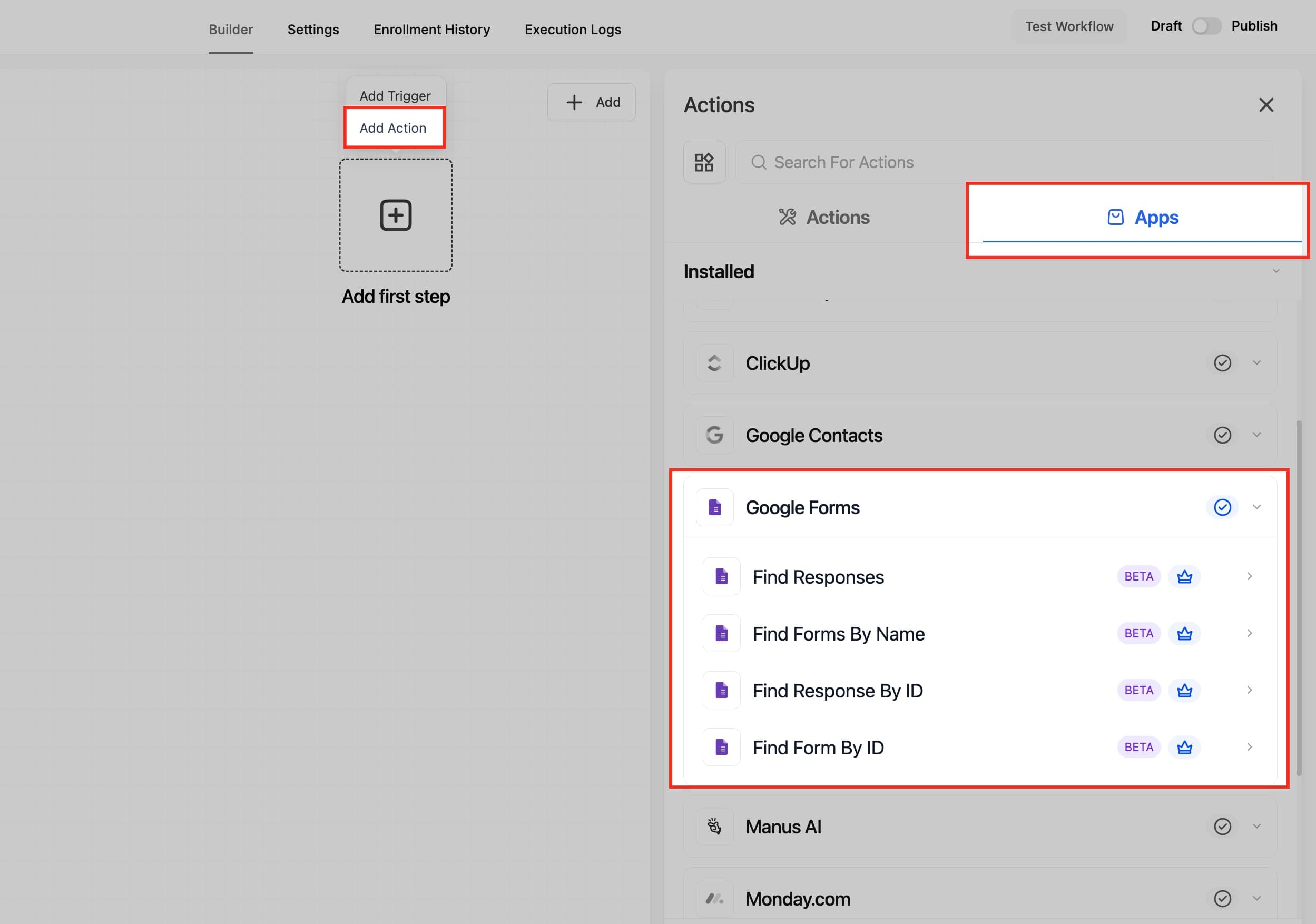 Schermata 5 — Google Forms - Azioni e Trigger nei Workflow
