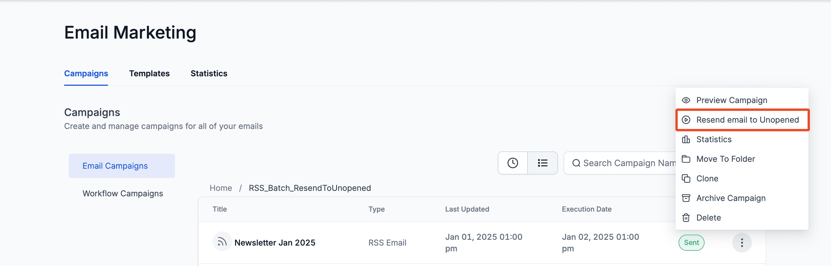 Schermata 1 — Reinvio ai Non Aperti per Email RSS e Invio in Batch Programmato