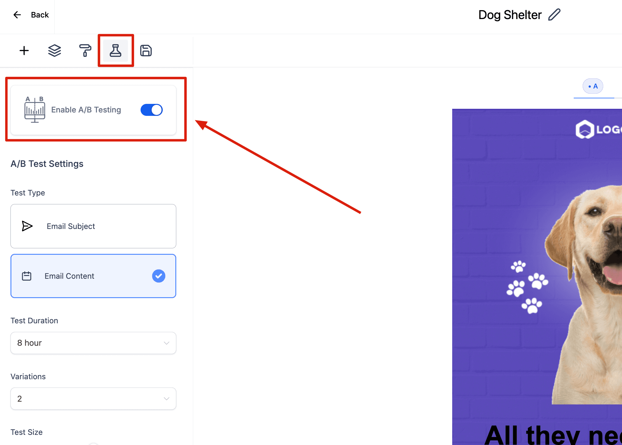 Schermata 1 — Come configurare l'A/B testing per le tue Campaign email