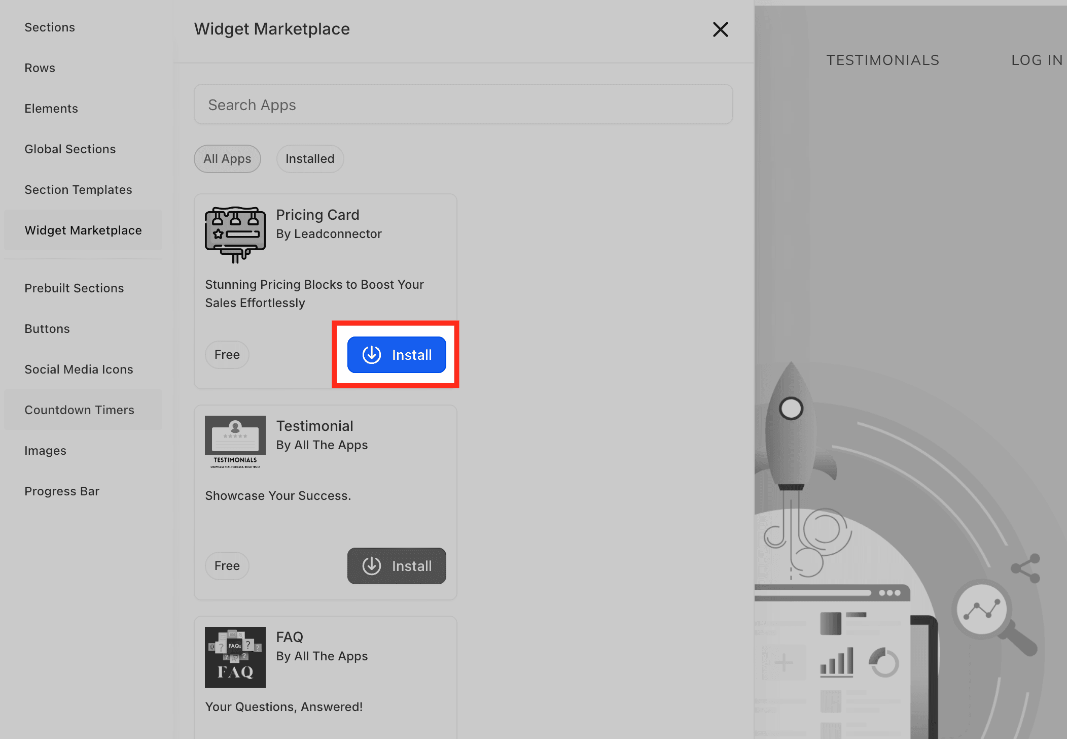 Schermata 4 — Marketplace Web Widget per il Builder di Funnel e Siti Web