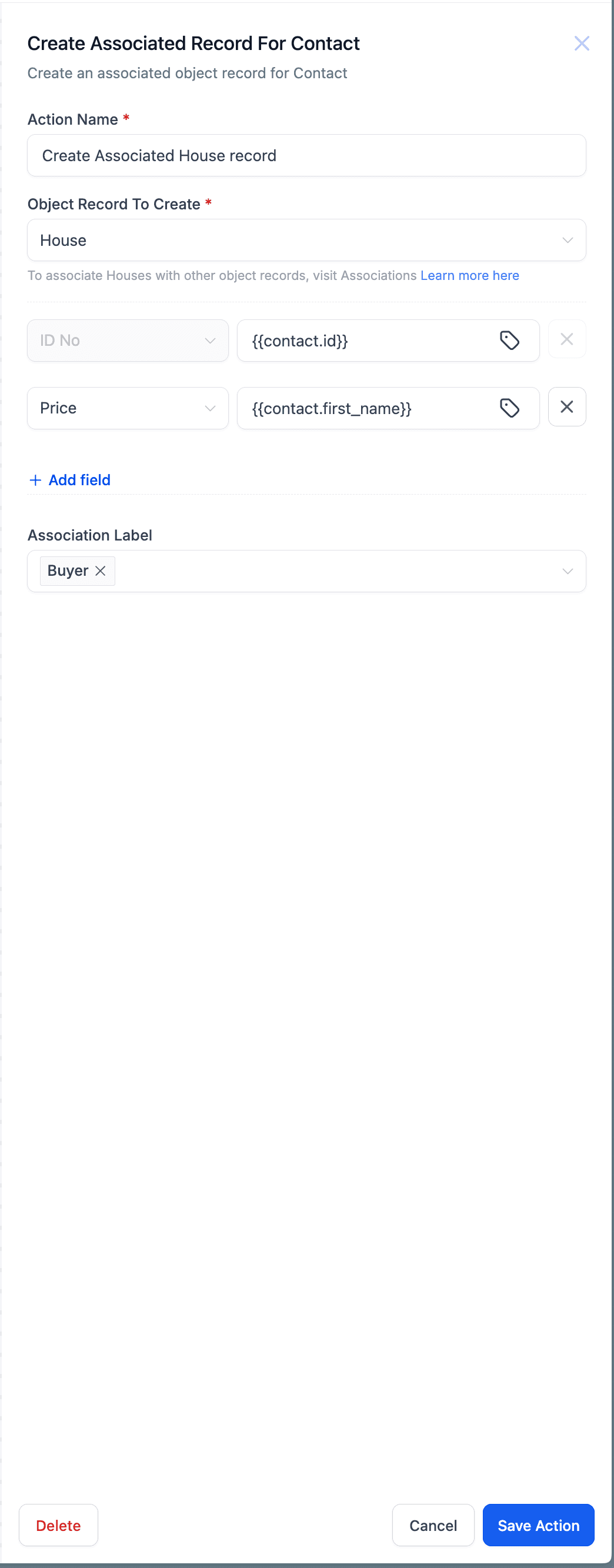 Schermata 1 — Azione Workflow - Crea un Record Associato per il Contatto