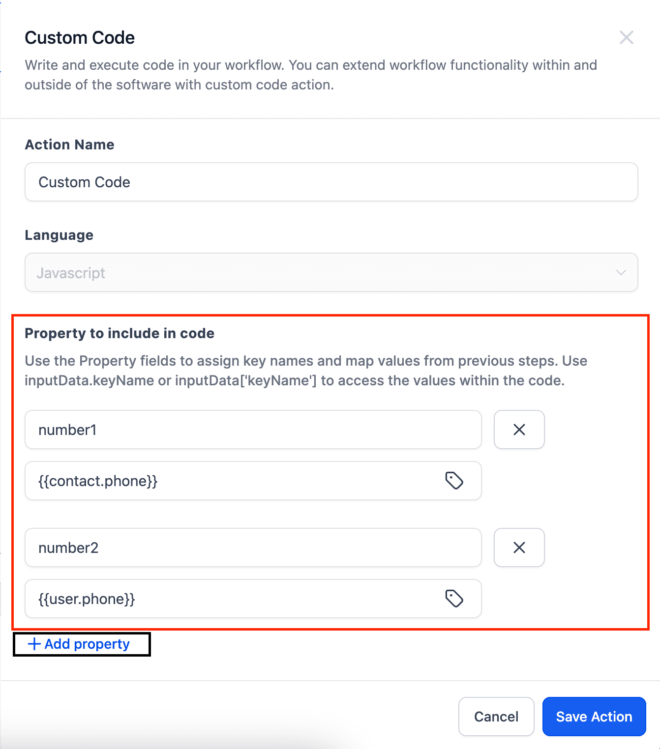Schermata 3 — Azione Workflow - Custom Code