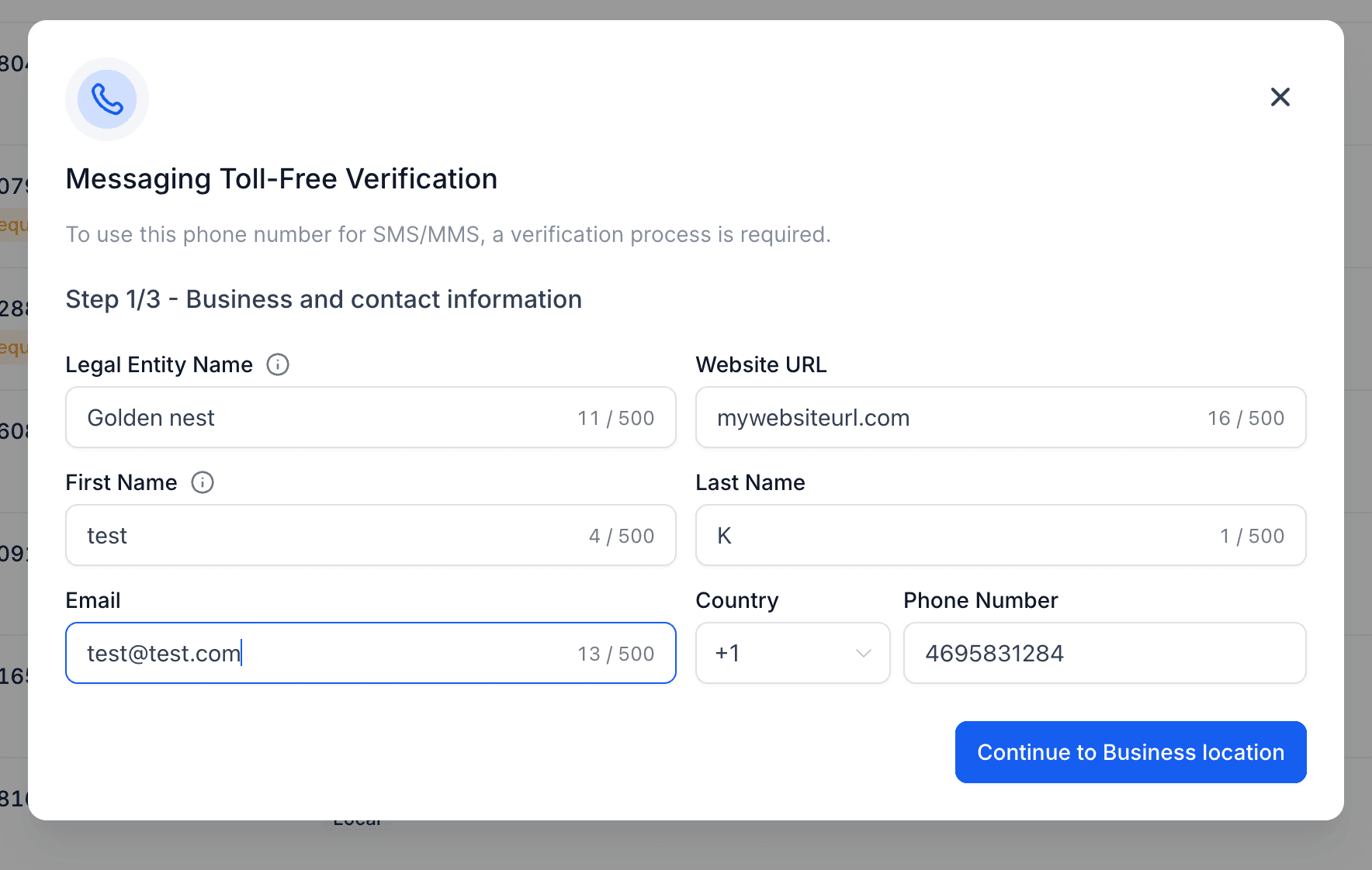 Schermata 3 — Guida alla verifica del numero verde per LC - Phone (US/Canada)