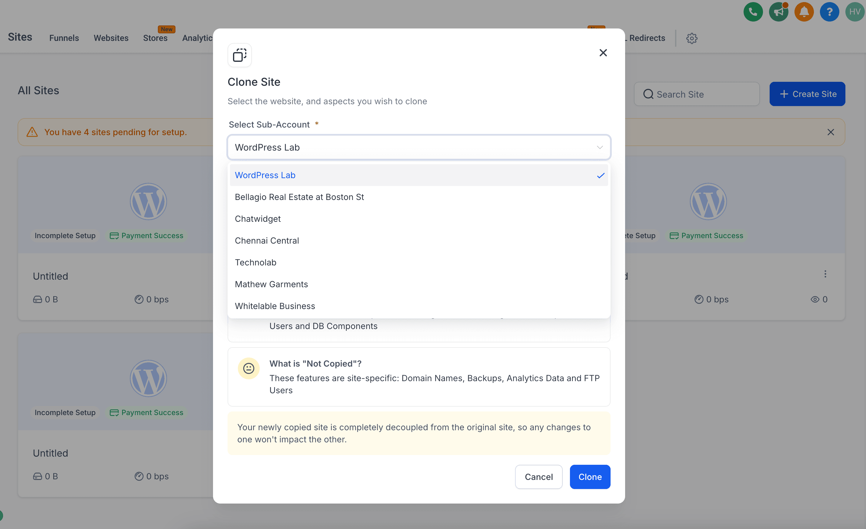 Schermata con la scheda Incomplete Setup Card e l'opzione Choose From Existing Site