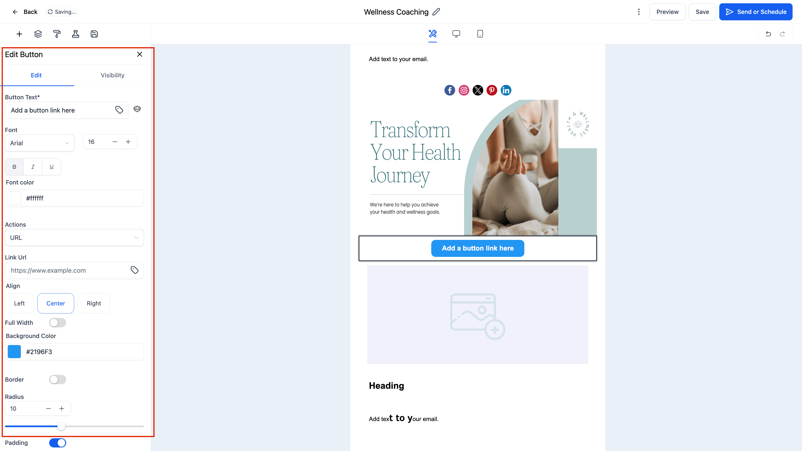 Schermata 4 — Elemento Button nell'Email Builder
