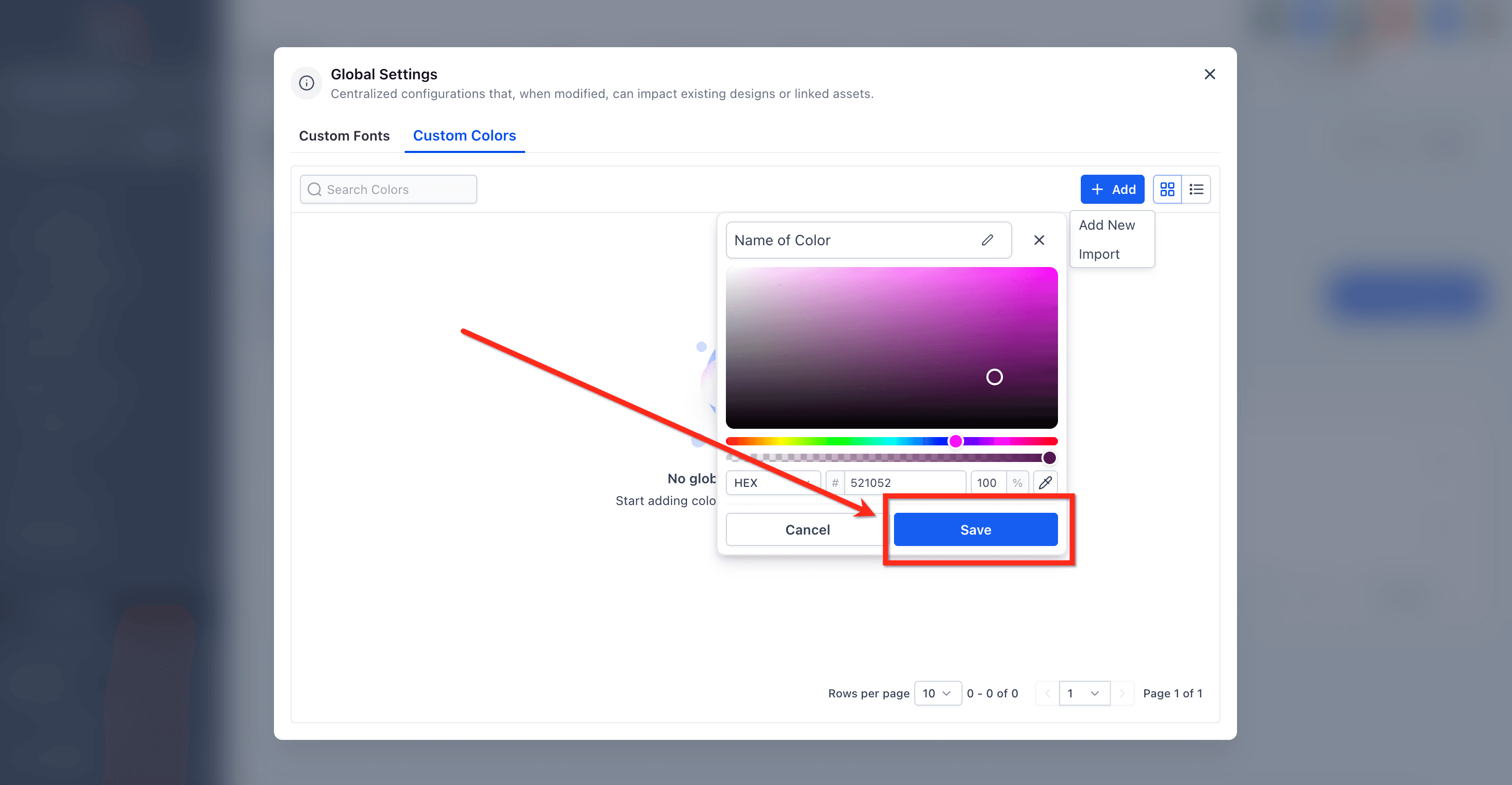 Schermata 4 — Colori Personalizzati Globali nel Color Picker