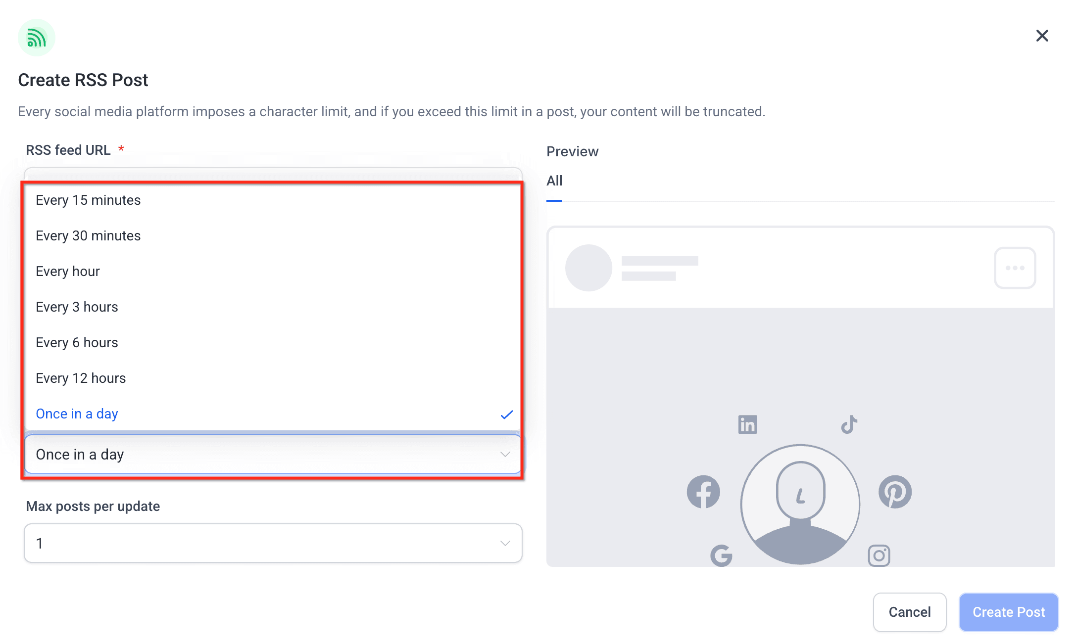 Schermata 7 — Programma i post tramite URL RSS