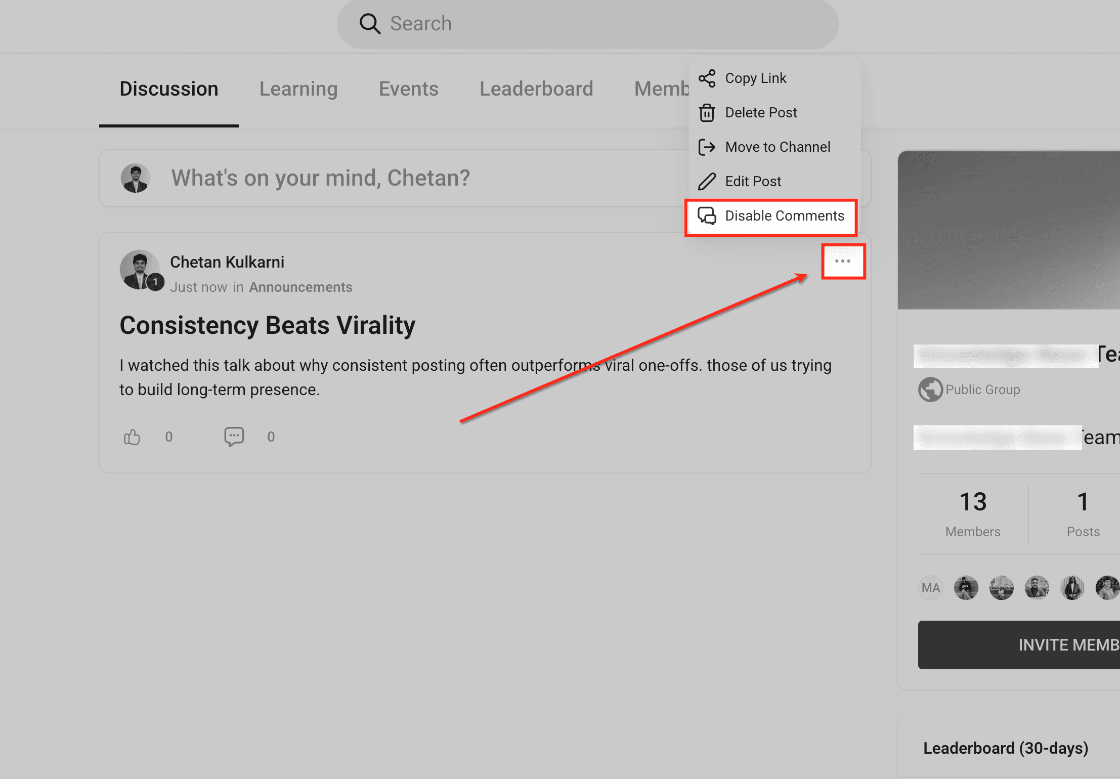 Schermata 6 — Gestire i commenti sui tuoi post nelle Community