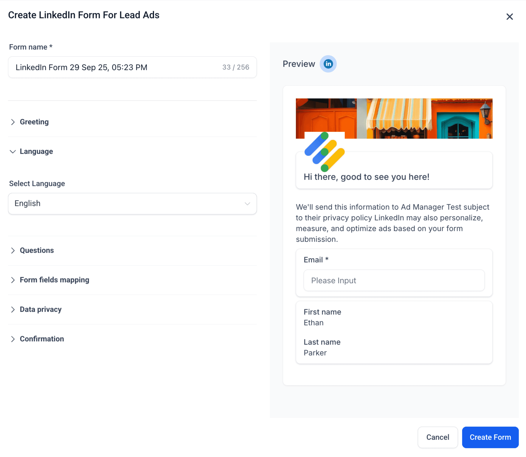 Schermata 5 — Come creare un LinkedIn lead form in Ad Manager
