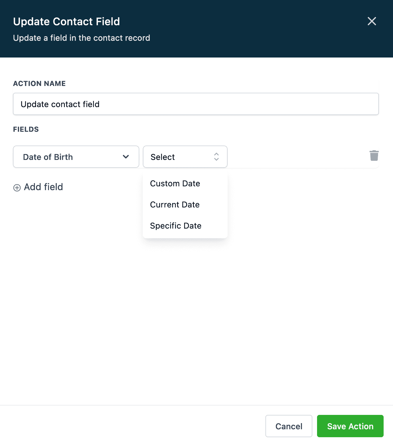 Schermata 1 — Azione Workflow - Aggiorna Campo Contatto - Campo tipo Data