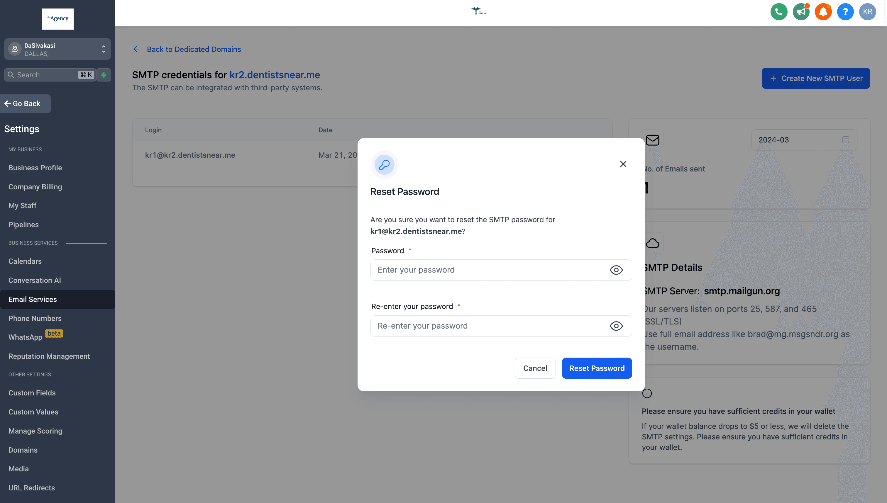 Conferma Reset Password nel modal di conferma