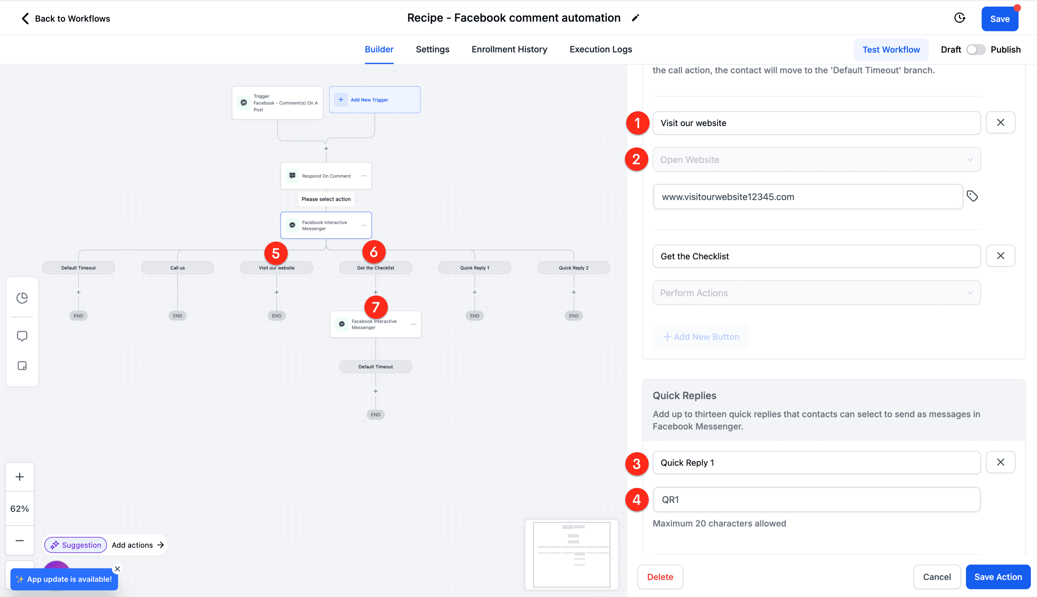 Schermata 5 — Azione Workflow - Facebook Interactive Messenger