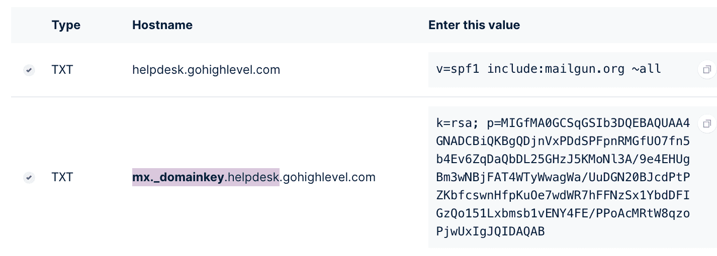 Esempio del valore name da copiare con sottodominio