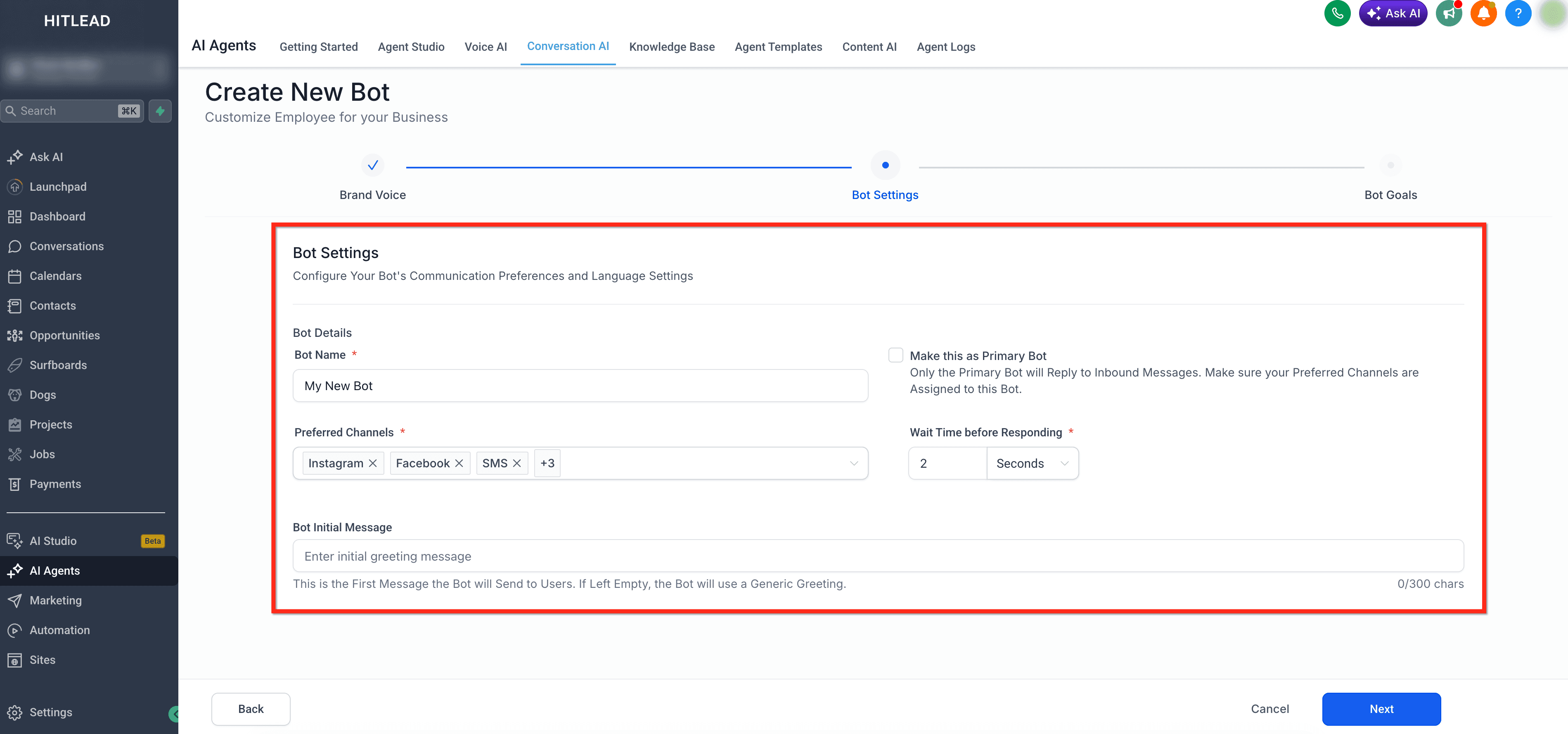 Schermata 5 — Configurazione Guidata tramite Form per Conversation AI