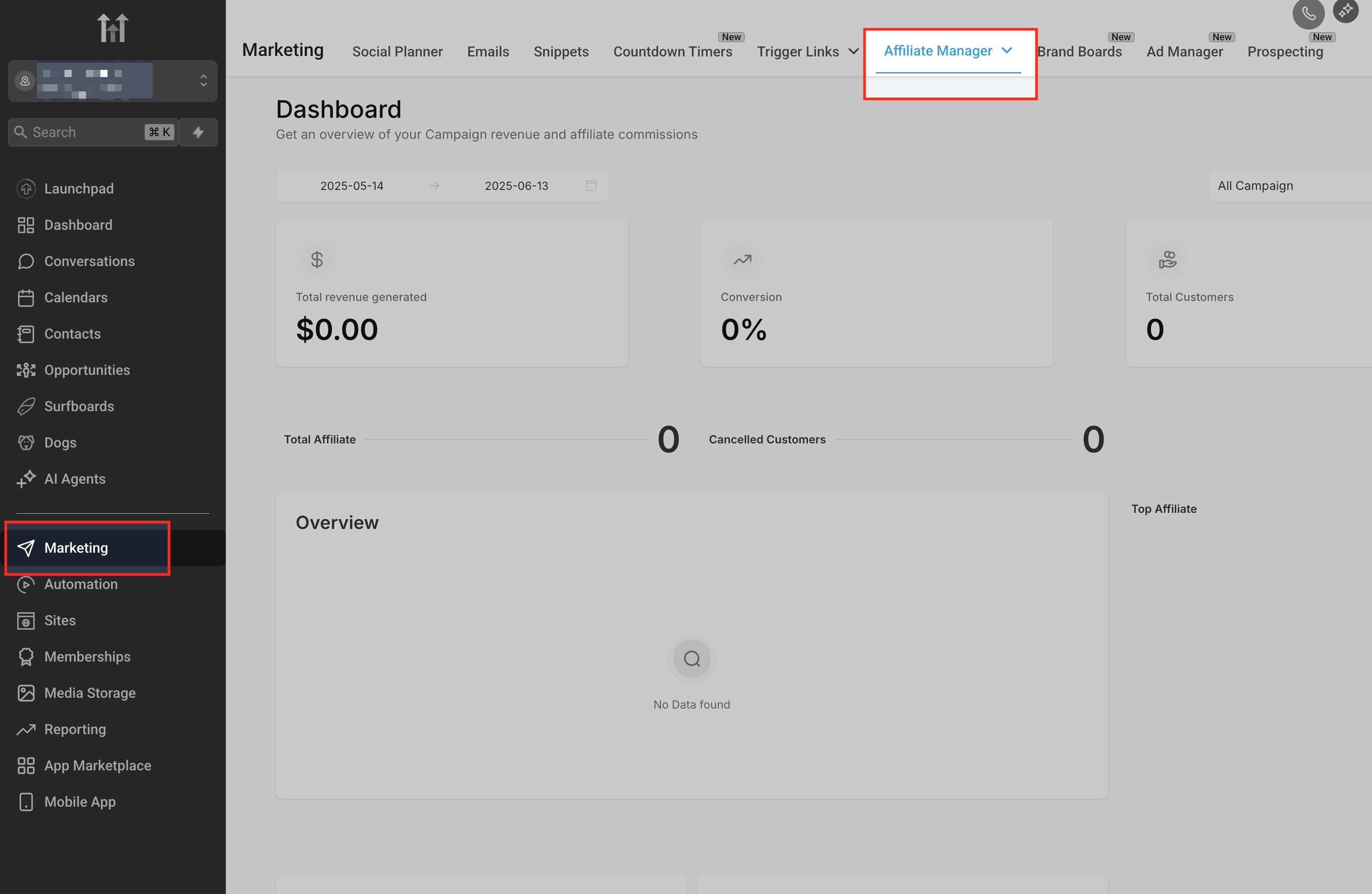 Schermata 1 — Affiliate Manager Sub Account: Azioni Collettive per le Commissioni degli Affiliati