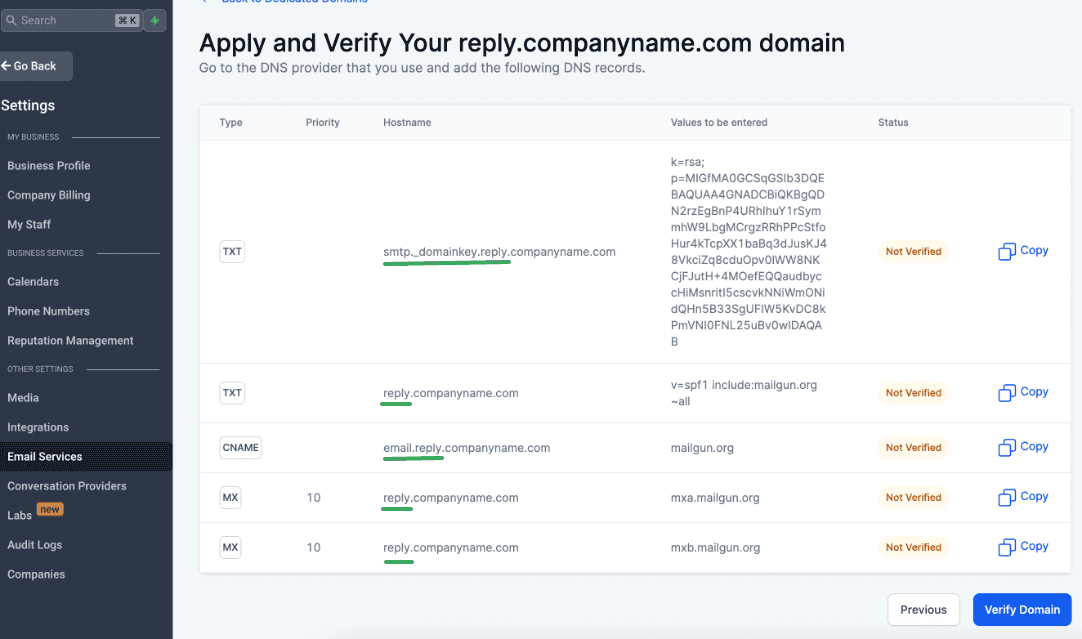 Screenshot esempio dei record DNS da condividere con il supporto
