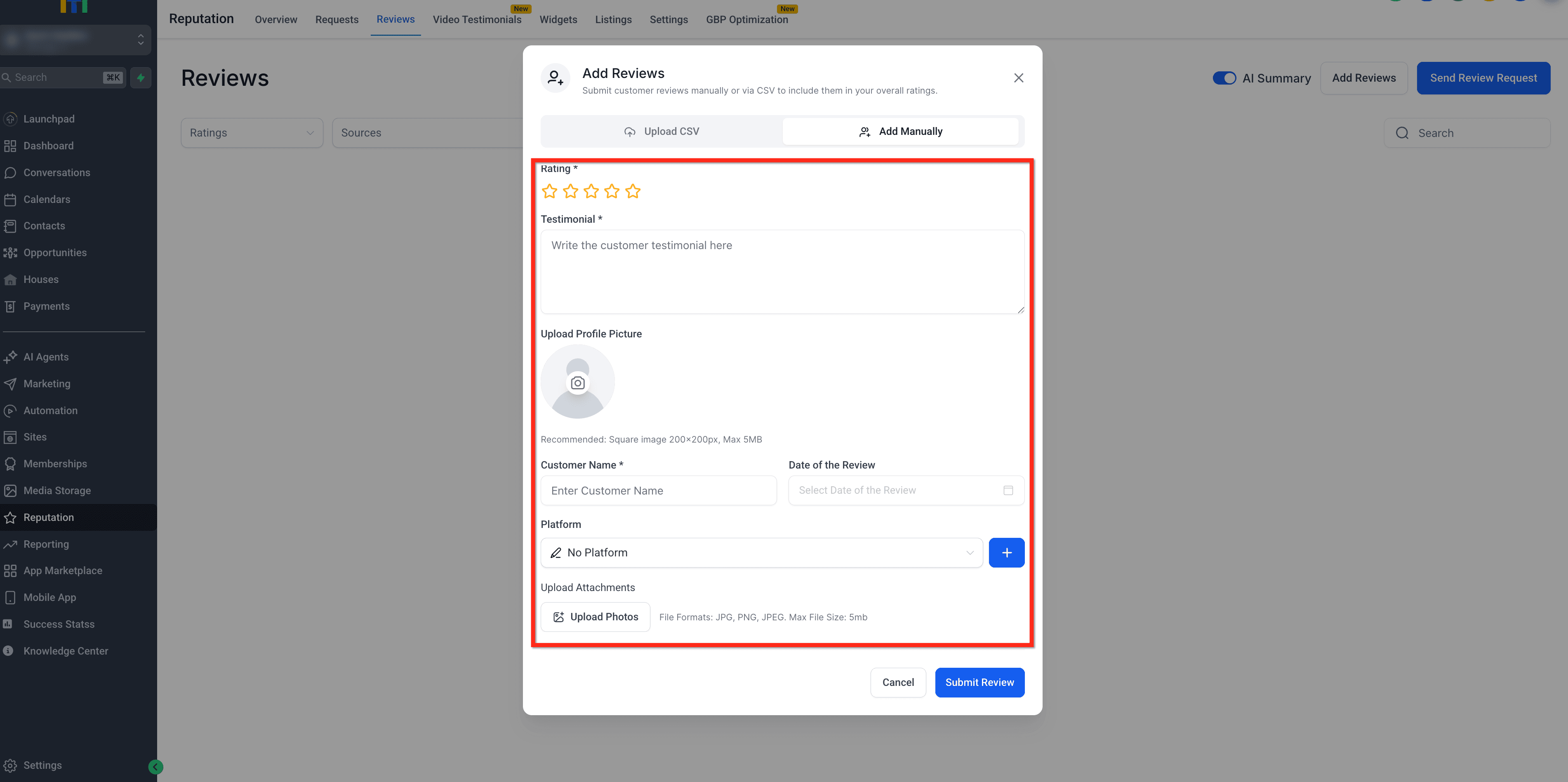 Schermata 3 — Recensioni Manuali - Aggiungi e Gestisci Recensioni Offline