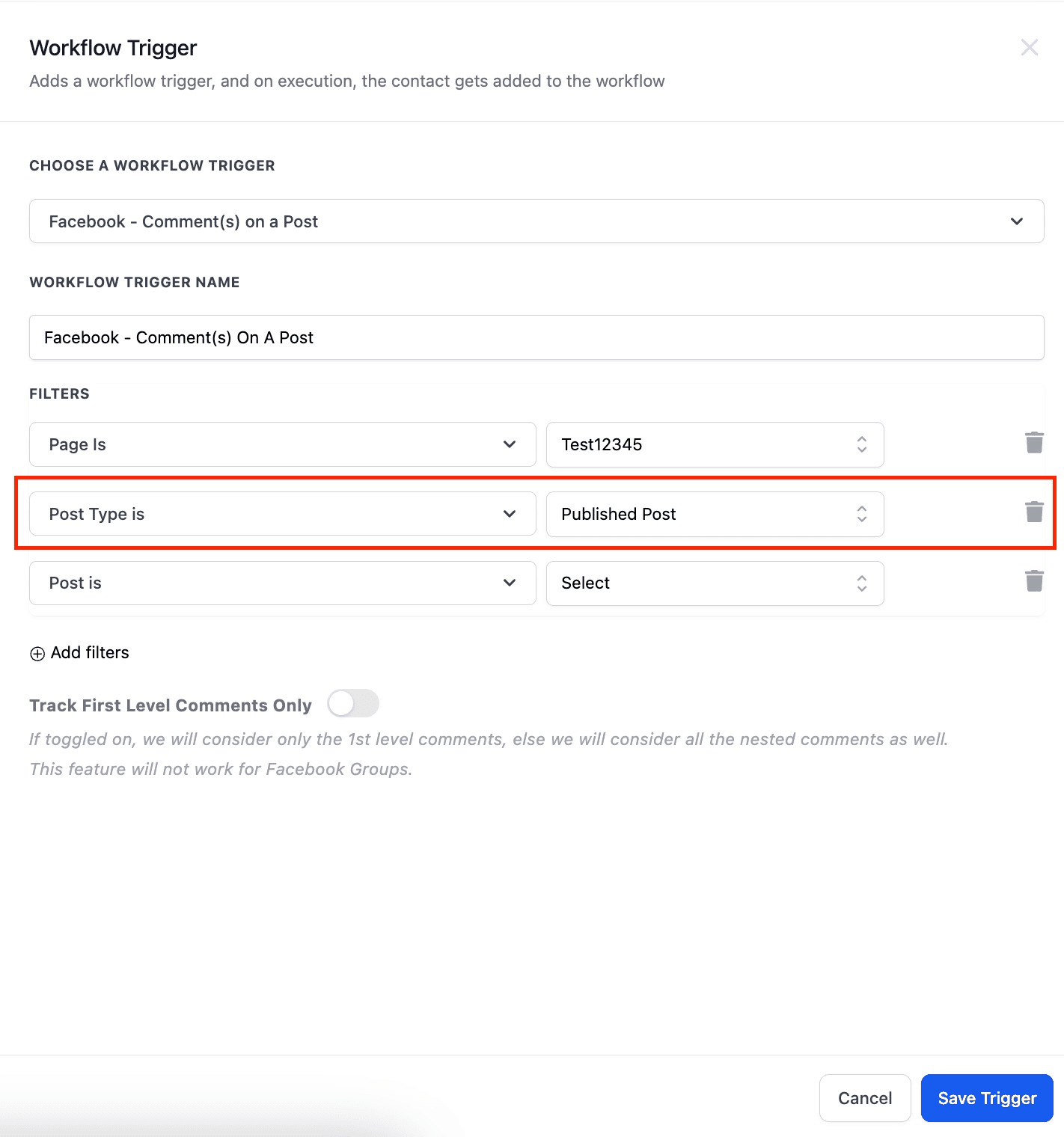 Schermata 6 — Workflow Trigger - Commento/i Facebook su un Post