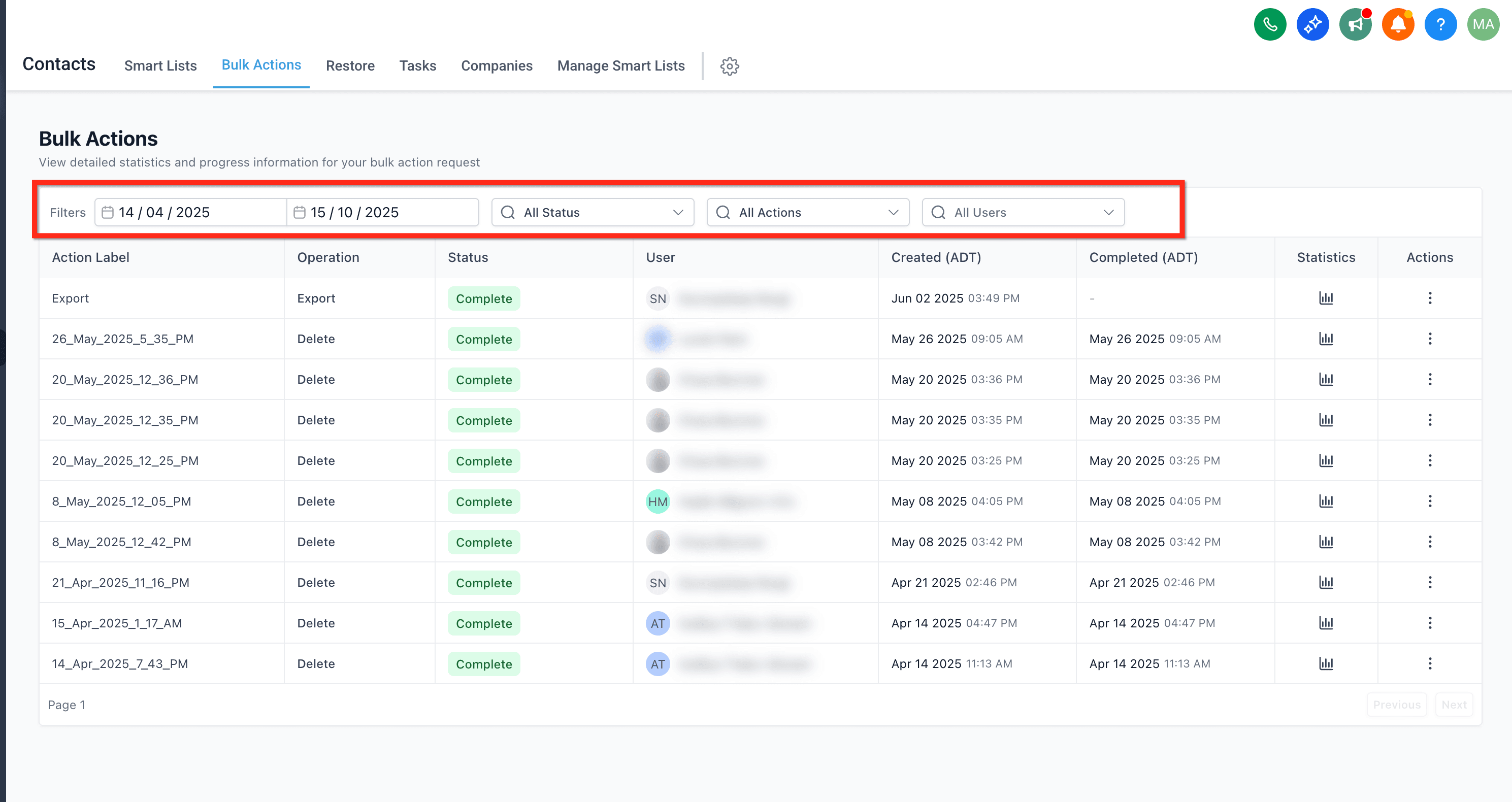 Schermata 6 — Azioni Massive per Contatti e SmartList