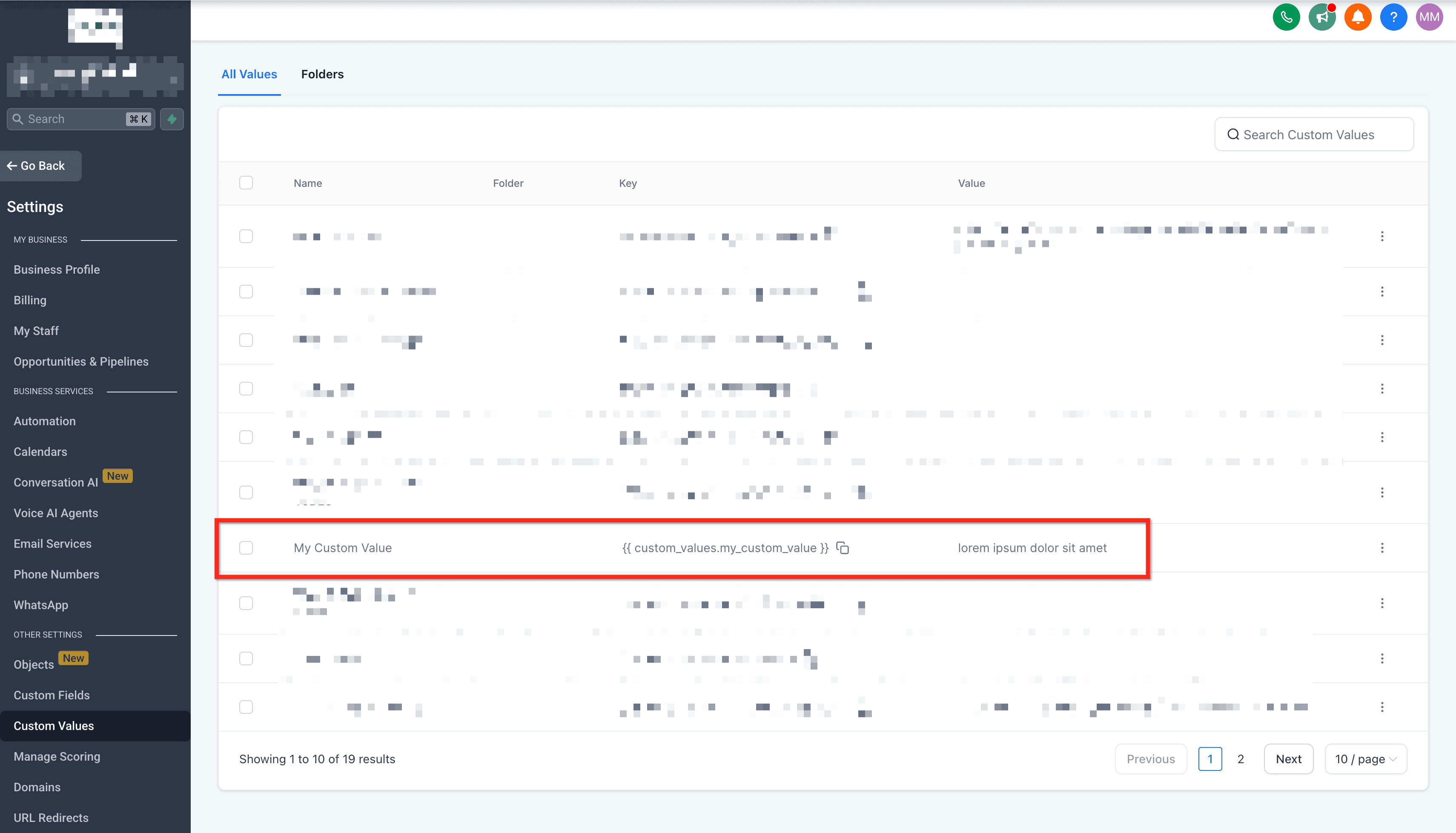 Schermata 5 — Impostazioni Custom Values